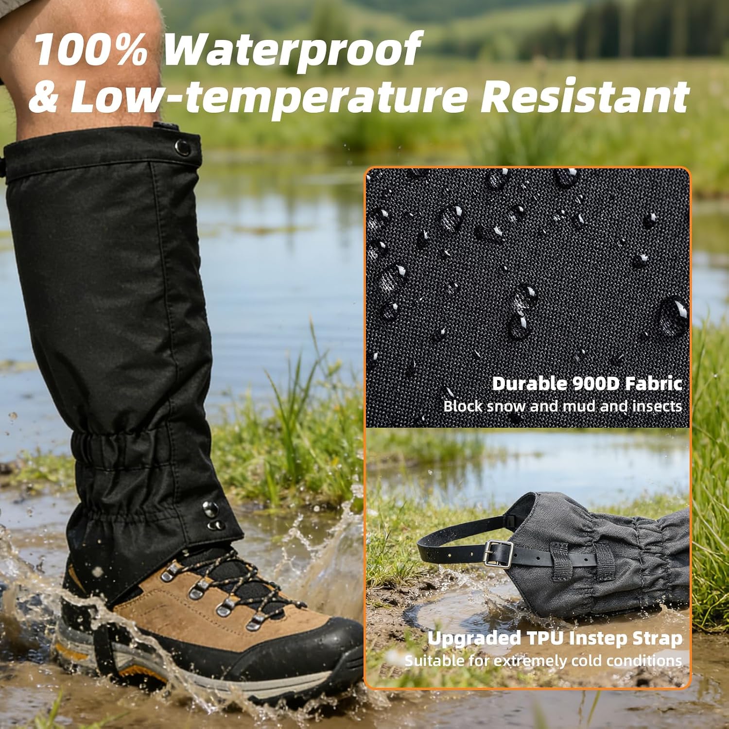 Joramoy Leg Gaiters for Hiking with Upgraded 900D Fabric, Waterproof Hunting Gaiter for Men Women, Adjustable Breathable Winter Snow Boot Covers