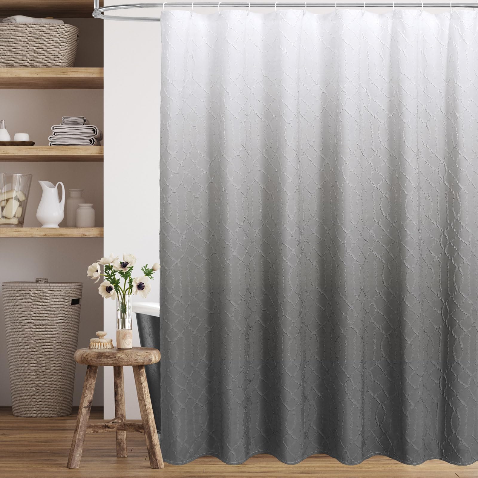 Gibelle Ombre Grey Shower Curtain for Bathroom, 3D Embossed Geometric Textured Fabric Shower Curtain Set with Hooks, Modern Farmhouse Elegant Design,