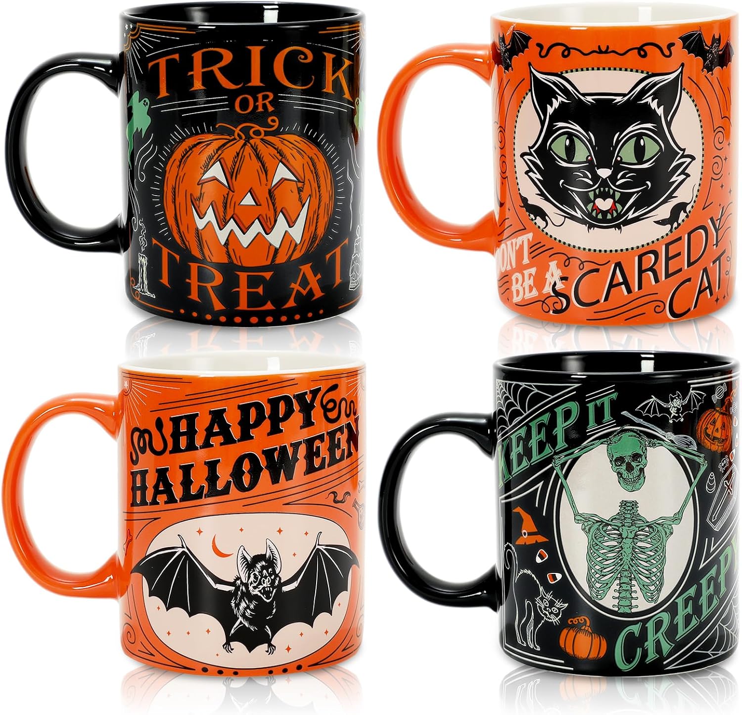 Whaline 4Pcs Halloween Mug Pumpkin Black Cat Bat Skeleton Coffee Mug Orange Black Ceramic Drinking Mugs for Halloween Party Supplies Table Centerpieces, 12oz