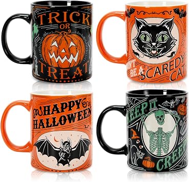 Whaline 4Pcs Halloween Mug Pumpkin Black Cat Bat Skeleton Coffee Mug Orange Black Ceramic Drinking Mugs for Halloween Party Supplies Table Centerpieces, 12oz