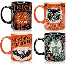 Whaline 4Pcs Halloween Mug Pumpkin Black Cat Bat Skeleton Coffee Mug Orange Black Ceramic Drinking Mugs for Halloween Party Supplies Table Centerpieces, 12oz