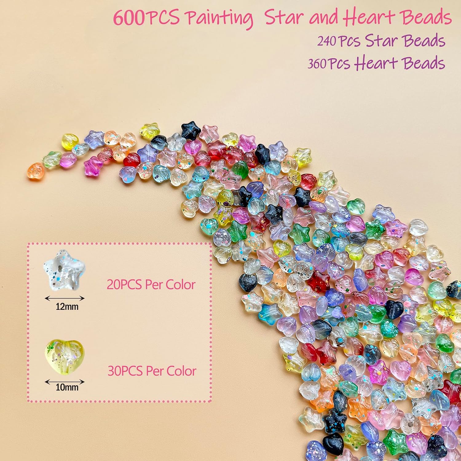 600Pcs Acrylic Star Beads Heart Beads for Bracelet Making Kit, Ink-wash Style Acrylic Beads Cute Plastic Assorted Beads for Bracelets Jewelry Making DIY Crafts Earrings Phone Charms
