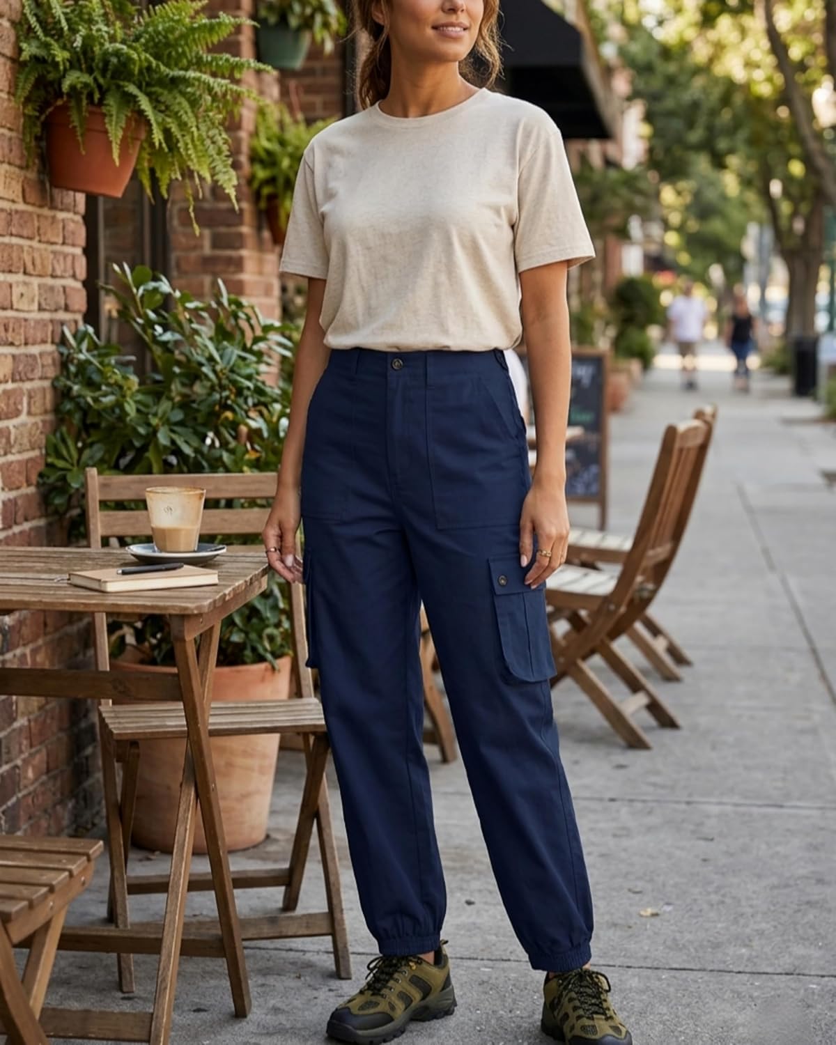 Women's Cotton Cargo Pants High Waist Adjustable Outdoor Hiking Pants with Pockets Stretch Travel Work Casual Pants