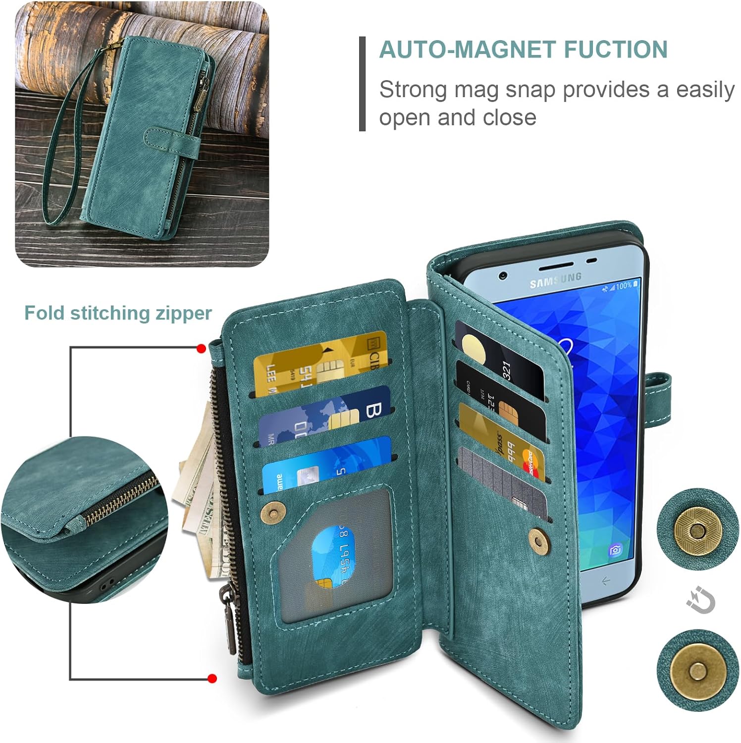Asuwish Phone Case for Samsung Galaxy J3 Orbit J 3 Star 2018 3J Achieve Wallet Cover and Tempered Glass Screen Protector Leather Flip Card Holder Cell J3V V 3rd Gen SM J337A J337V J337 Women Men Blue