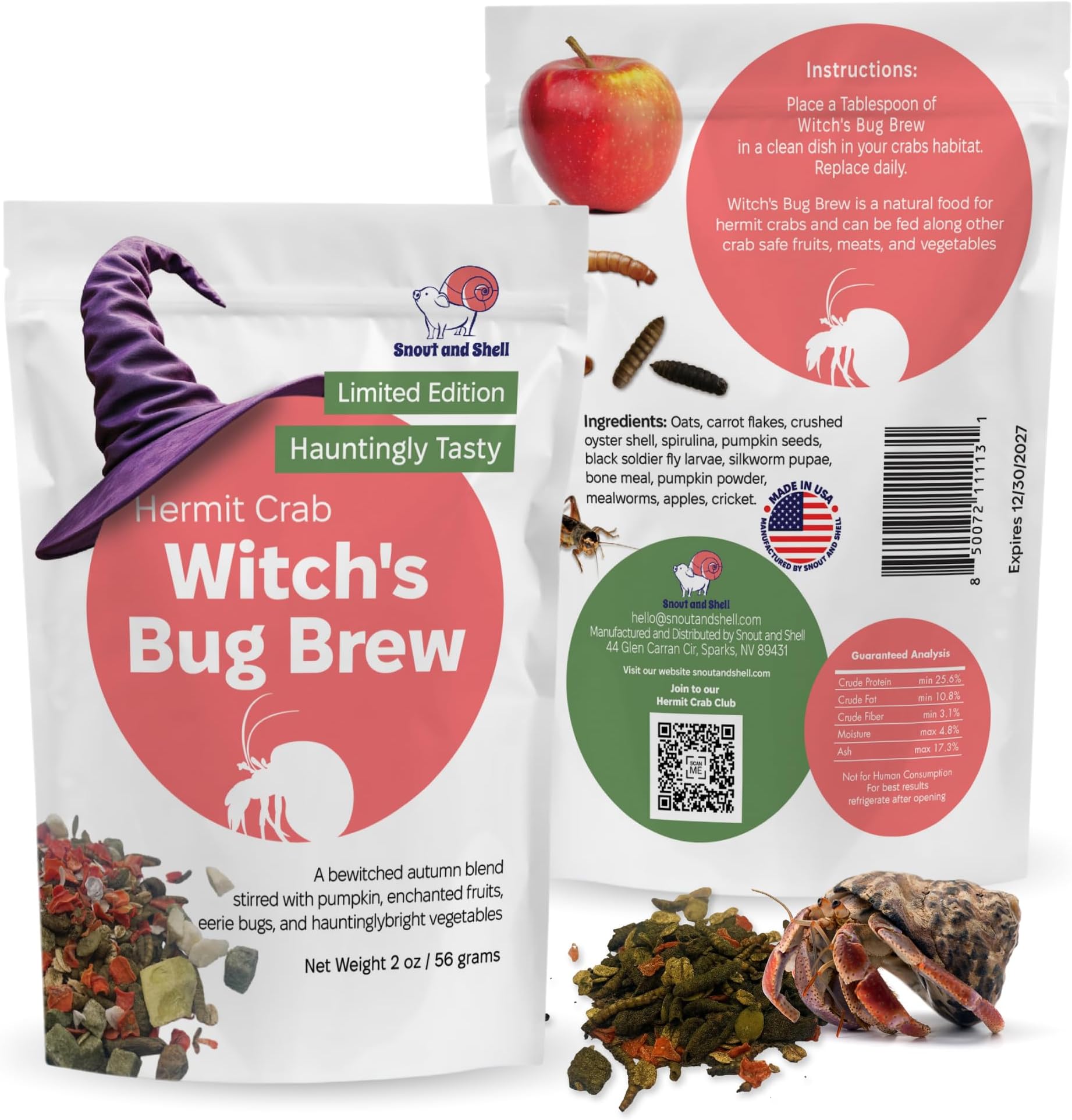 Snout and Shell Witch’s Bug Brew Hermit Crab Food – Limited Edition Halloween Blend with Pumpkin, Insects, Fruits & Vegetables – 2 oz (56g) Natural Protein-Rich Mix