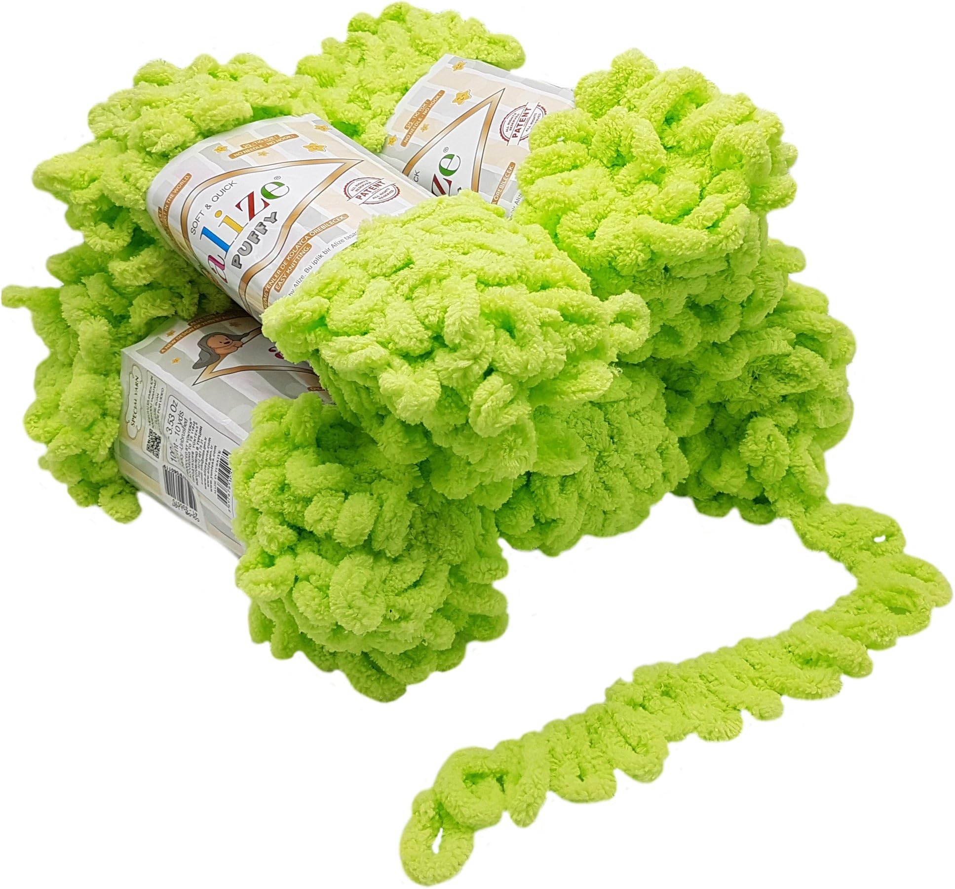 Alize Puffy 5 x 100 g wool, 500 g of yarn for finger knitting, extra bulky wool with loops for knitting without using needles Grün 41