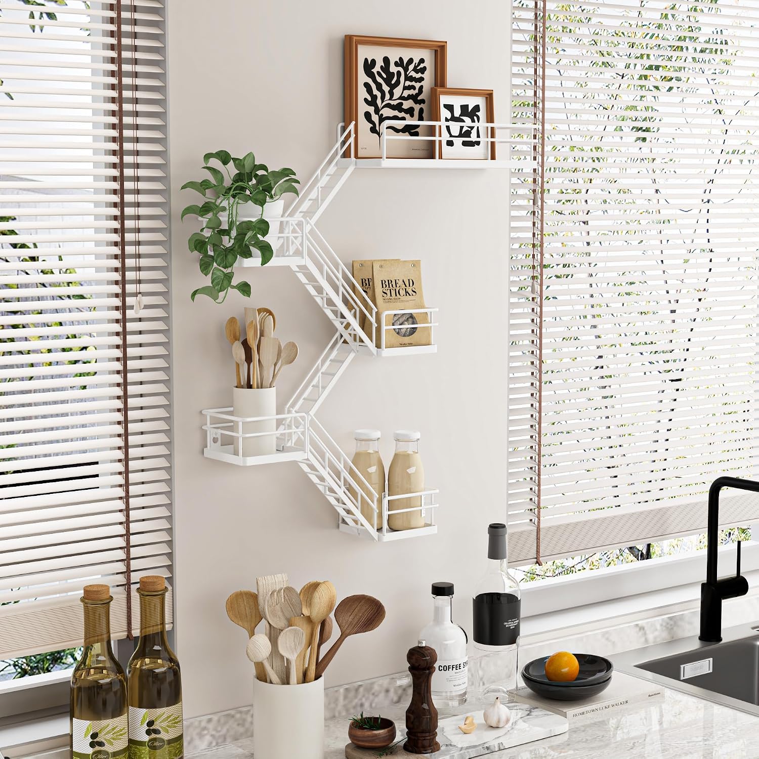 Fire Escape Shelf - 5 Tier Metal White Fire Escape Wall Shelves with Baskets, New York Action Figurine Display Shelf, Unique Rustic Floating Decorative Wall Shelves for Any Room image 5
