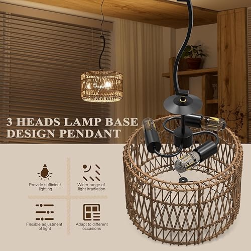 Miniatura 5 de N11-4-2 Lámpara colgante ajustable de 3 luces para comedor e isla de cocina, lámpara de granja con pantalla tejida, base de grano de madera, lámpara