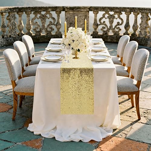 Miniatura 6 de Camino de mesa dorado  Camino de mesa de lentejuelas con purpurina para suministros de fiesta de cumpleaños, 10 unidades, dorado