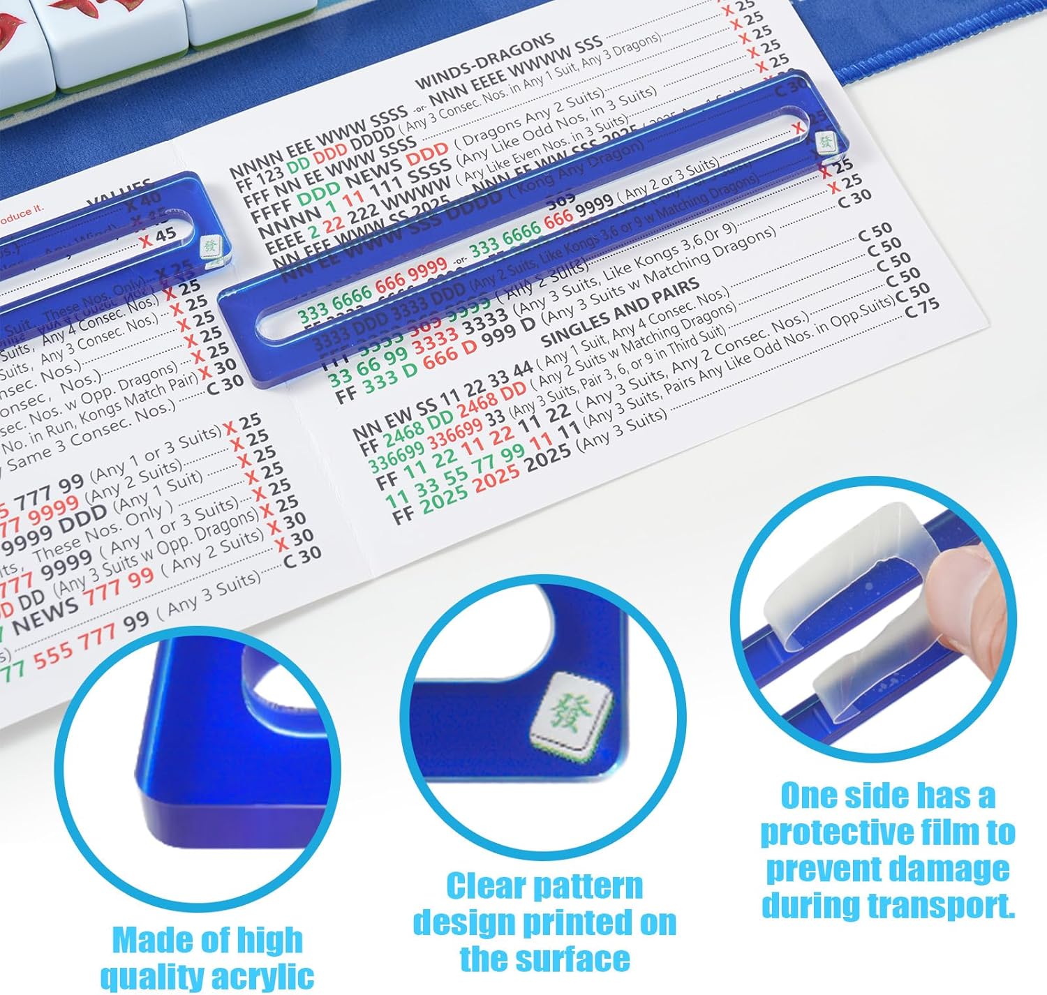 4 Pcs Blue Mahjong Line Finder, Acrylic Mahjong Card Line Reader, Mahjong Accessories and Gifts for Beginner Players