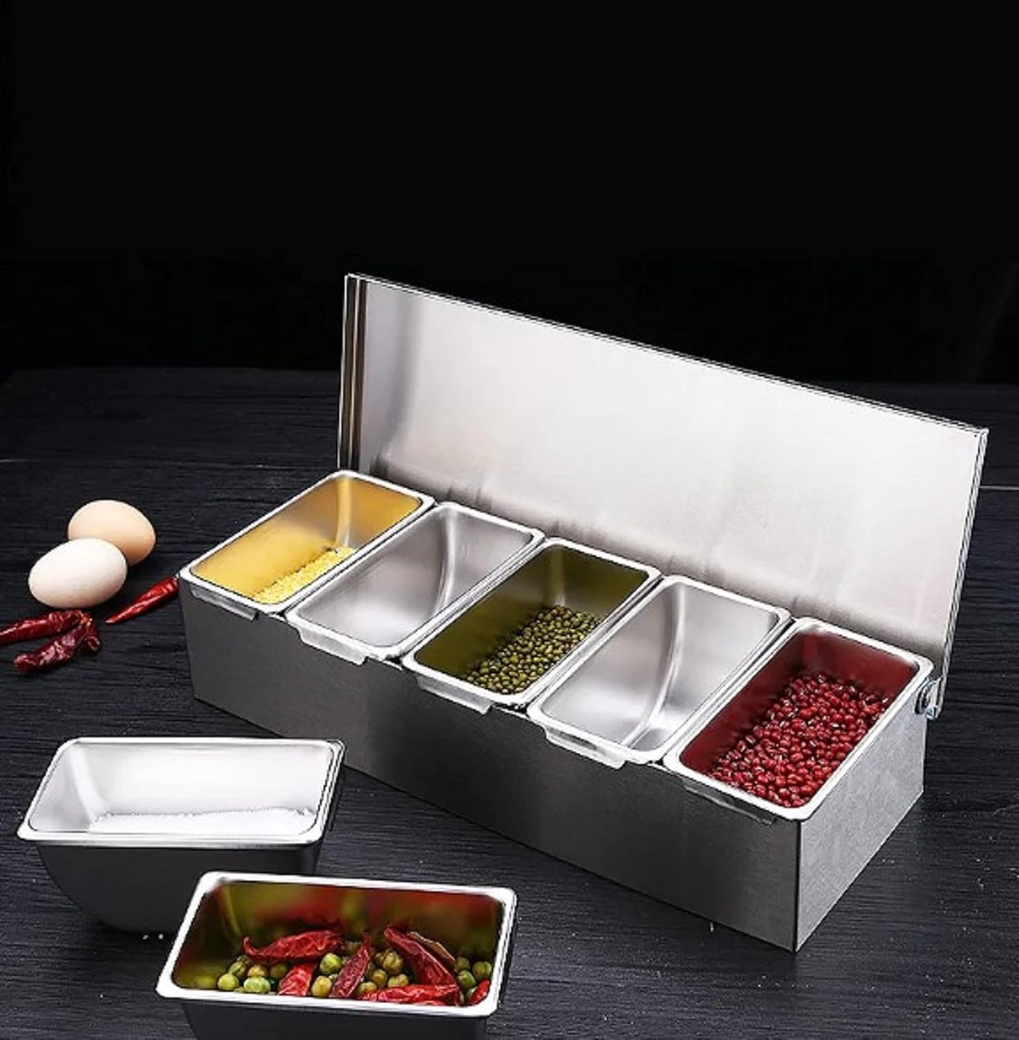 TrueCraftware- 5 Compartment Stainless Steel Condiment Bar (Open Bottom)- Condiment Dispenser Serving Container Garnish Tray Bar Caddy Condiment Server Caddy Garnish Holder for Home Work Restaurant - Image 2