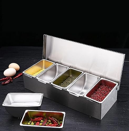 Miniatura 2 de TrueCraftware Barra de condimentos de acero inoxidable de 5 compartimentos (parte inferior abierta) - Dispensador de condimentos para servir bandeja