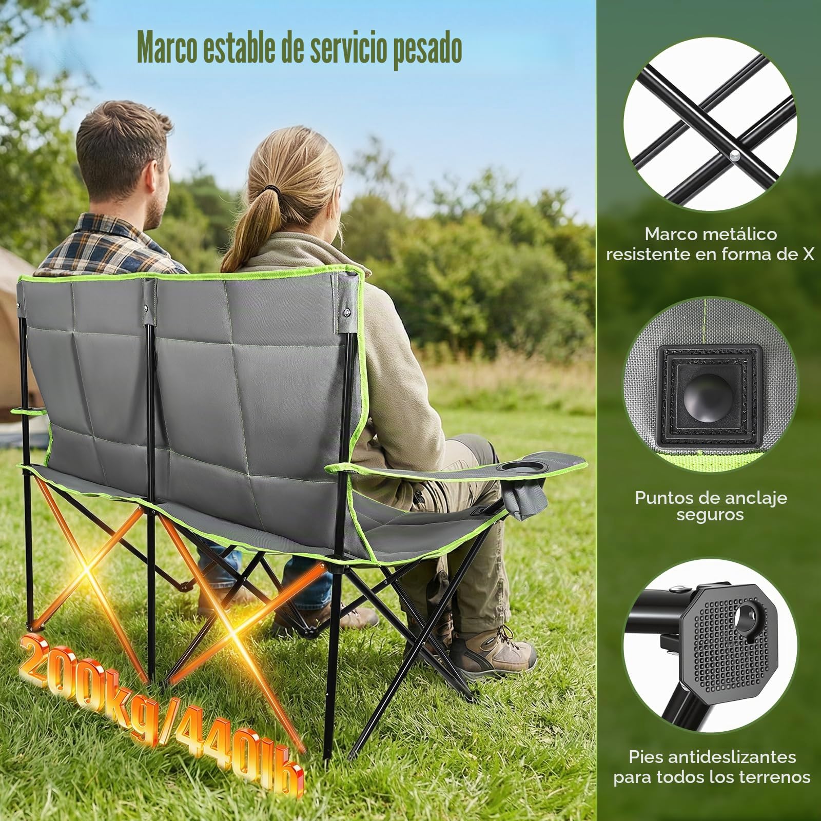 Silla de camping doble Rhyvorax para 2 adultos, sillas de camping plegables de alta resistencia con portavasos, silla de playa portátil para exteriores, jardín, picnic, pesca – Soporta 300kg (Verde +