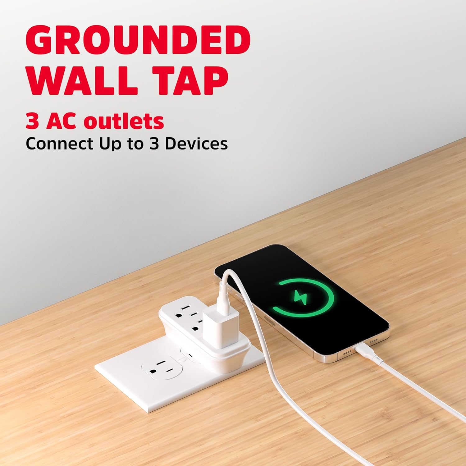 Energizer 3-Outlet Grounded Wall Tap, 15A, 125V, 3-Prong Plug Adapter, White, Plastic & Rubber, Surge Protection, 3 AC Outlets, 4 Pack