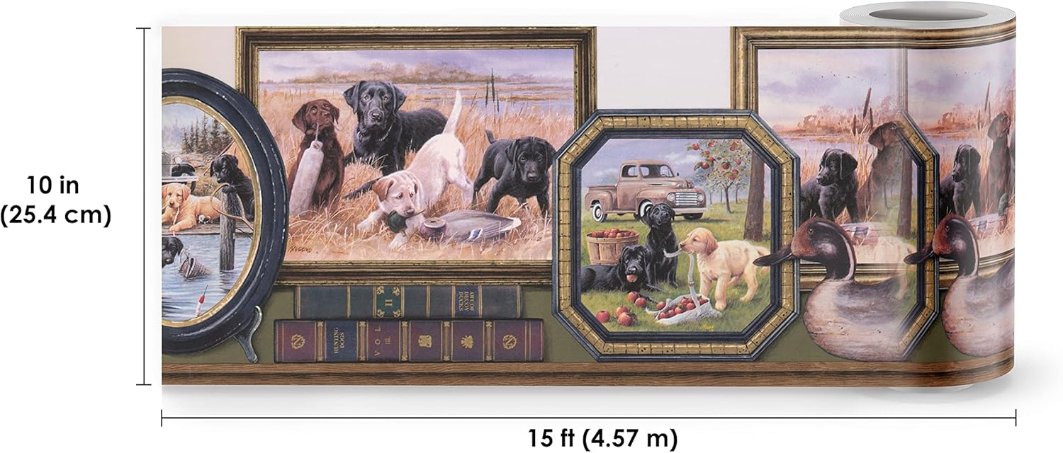 CONCORD WALLCOVERINGS ™ Prepasted Wallpaper Border Featuring Framed Dogs, Colors Brown Beige Green White Black, Size 10 Inches by 15 Feet PT018113B
