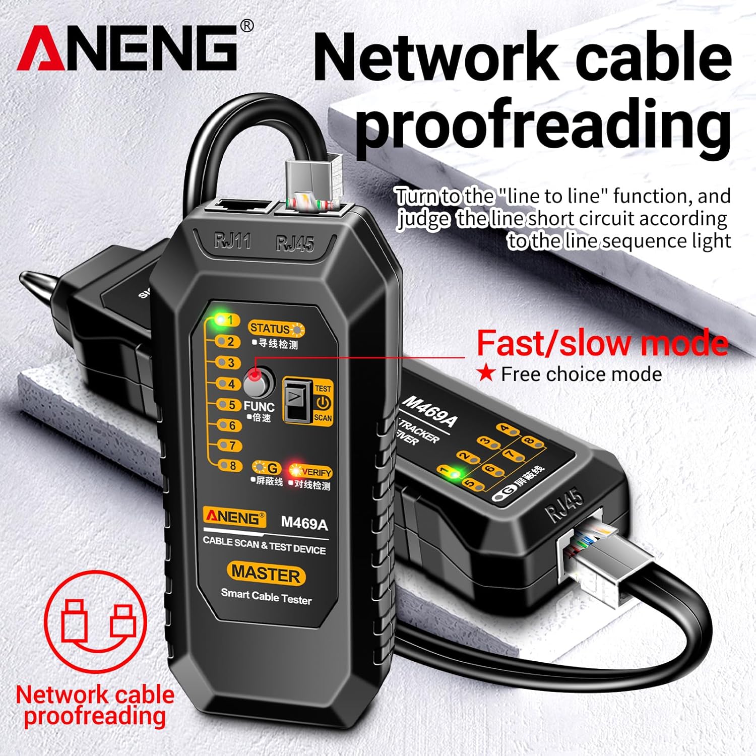 ANENG M469A Network Cable Tester performing network cable proofreading with RJ45 cables connected to both units.