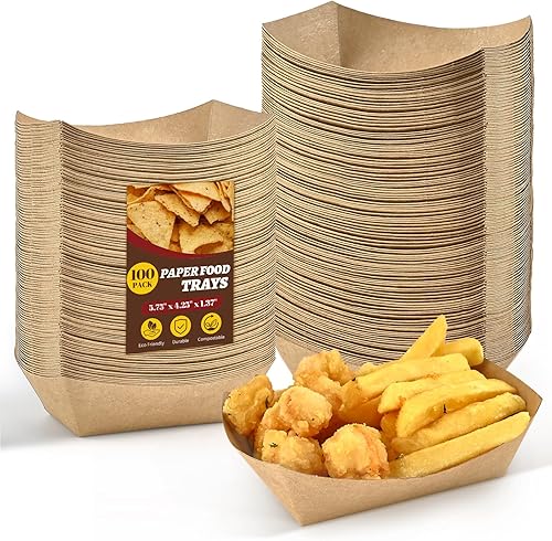 Ocmoiy Bandejas de papel kraft de 1 libra, paquete de 100 unidades de botes de comida resistente, bandeja desechable para servir alimentos, bandejas