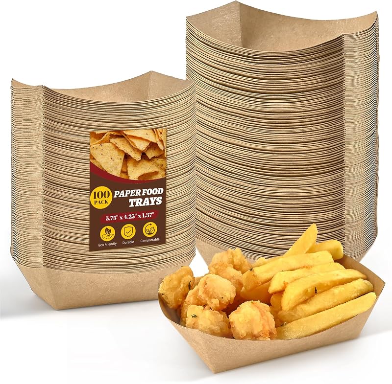 Ocmoiy Bandejas de papel para alimentos de 1 libra, paquete de 100 | Desechables, Resistentes, Botes de Comida Kraft, Cesta para Servir Fiestas, Para Nachos, Papas Fritas, Barbacoas, Festivales, Fiestas