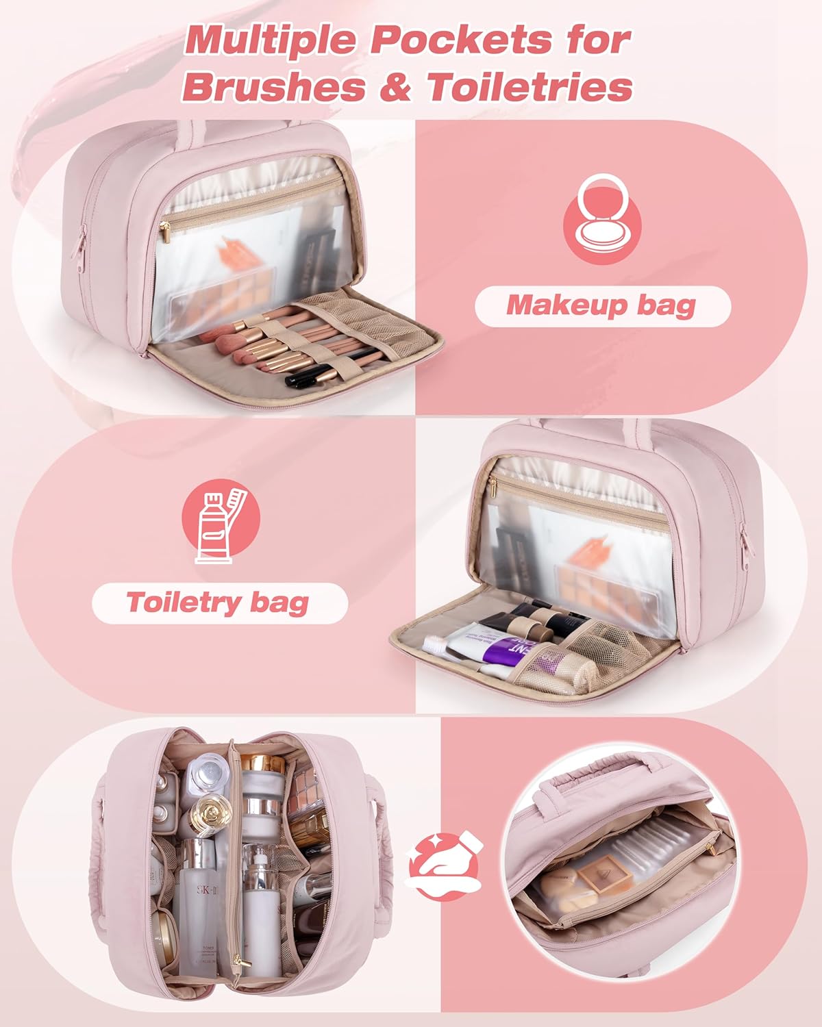 Travel Toiletry Bag for Women with Hanging Hook, Water Resistant Puffy Makeup Organizer with Leak Proof Pockets for Toiletries and Cosmetics - Pink (Bag Only) - Image 3