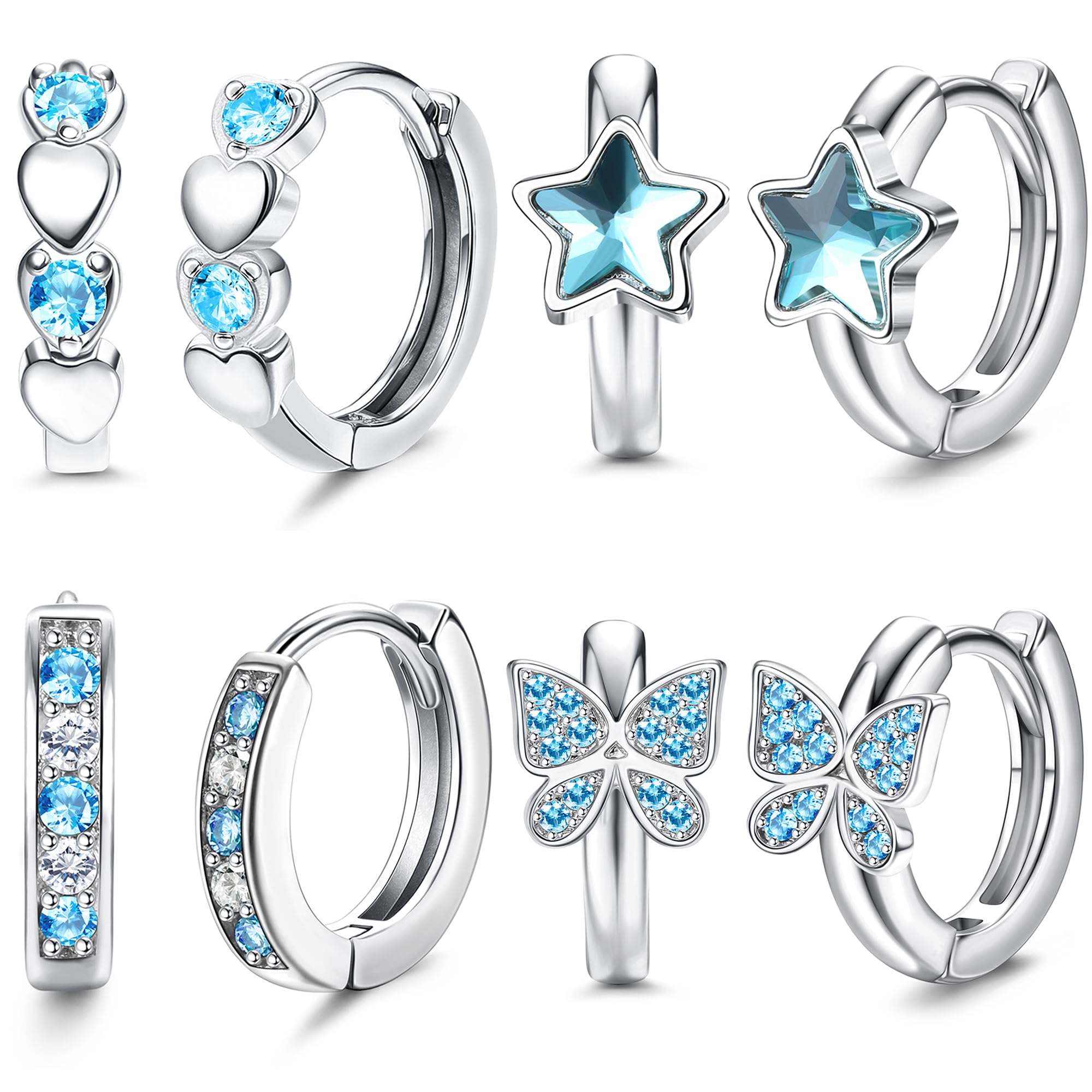 JeweBella 4 Pares Pequeños Pendientes de Aro Plata para Mujeres Niñas Rosa/Azul Corazón Mariposa Estrella Zirconia Pendientes de Aro Hipoalergénico Juego de Pendientes Cartílago Huggie Joyería