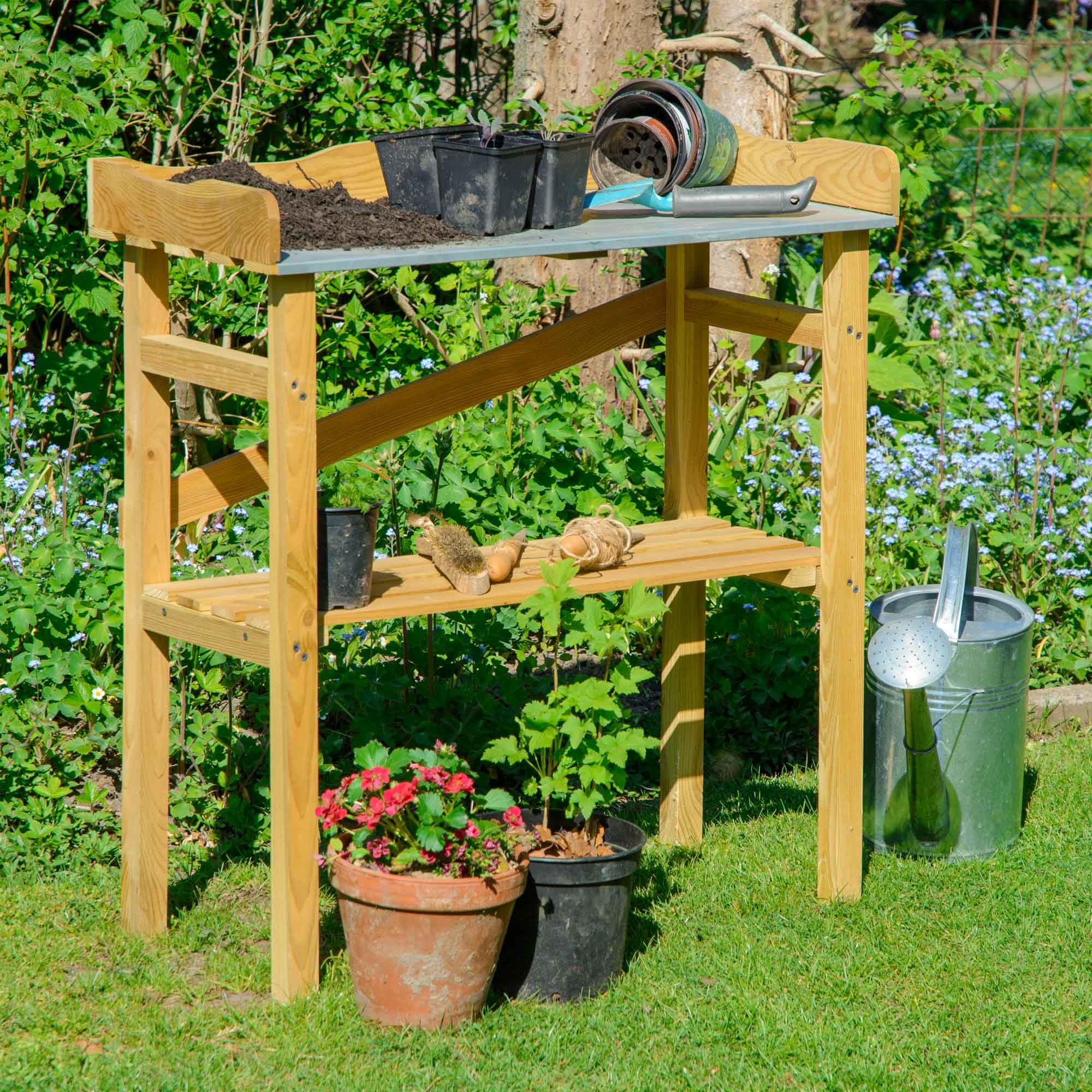 dobar® Planttafel met 3 laden en plank - bloementafel van massief hout met beschermkappen - tuintafel outdoor met verzinkt werkblad - 78 x 38 x 88 cm - grijs-wit