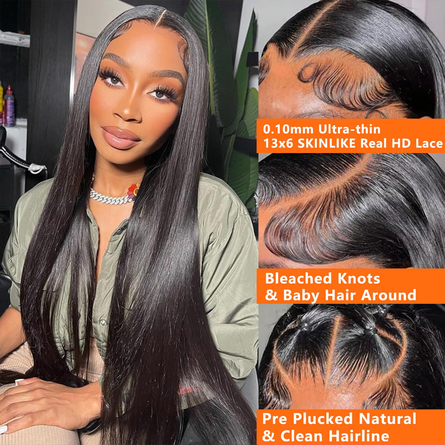CHEETAHBEAUTY Straight 13x6 Ultra-fitted SKINLIKE HD Lace Front Wigs 250% Density Bleached Knots with Baby Hair 0.10mm Ultra-thin HD Lace Fit All Skins Straight Human Hair Wigs for Women(22inch)