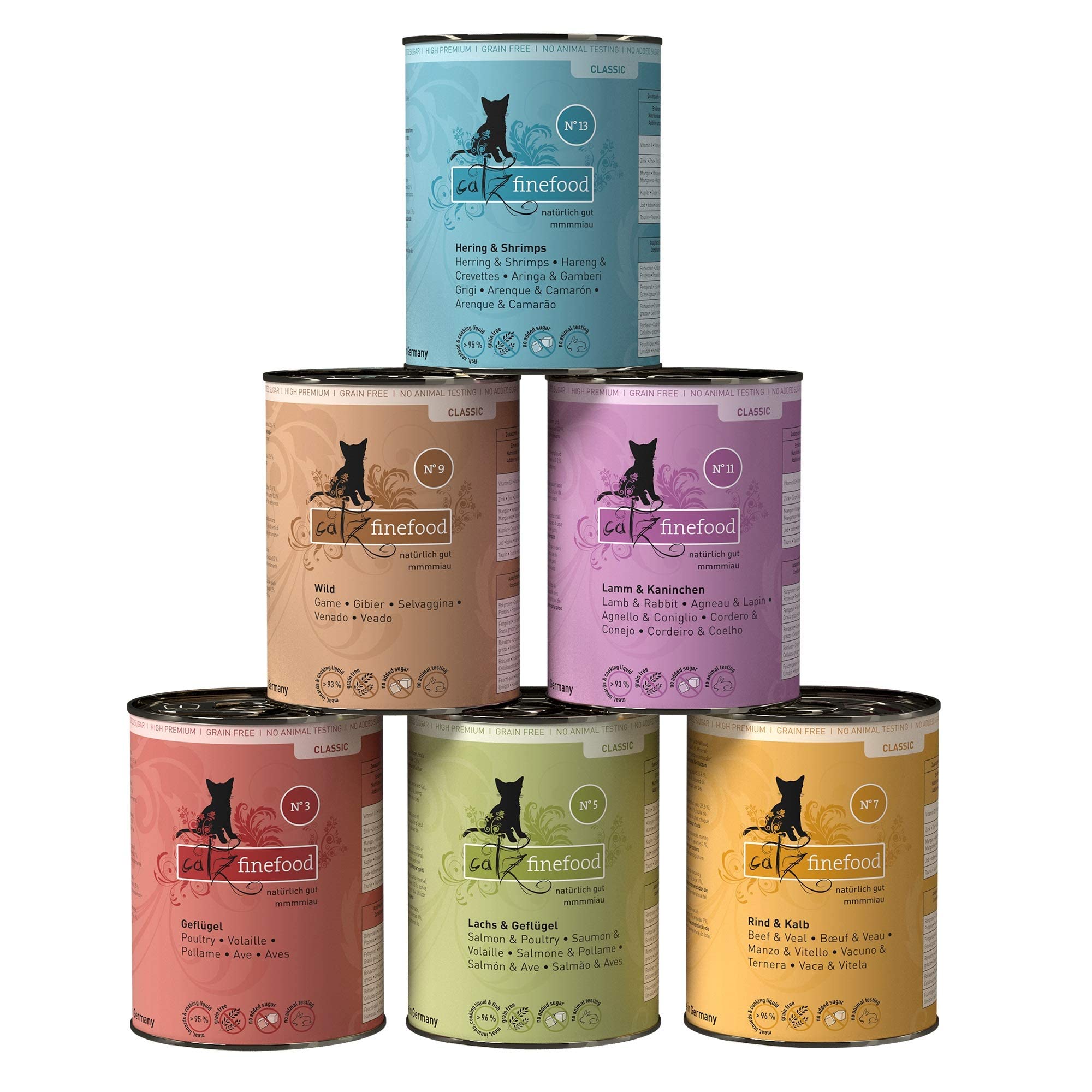 catz finefood Feinkost Katzenfutter nass Multipack 1, Sorten Mix-Paket 1 mit Geflügel, Kalb, Hering, Wild, Lachs, Lamm, Kaninchen, 6 x 400 g Dosen