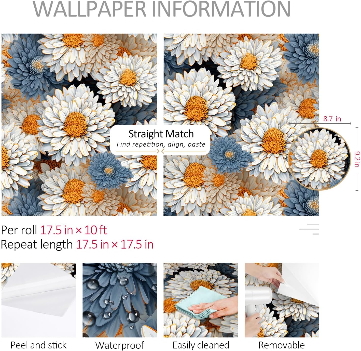 ReWallpaper Large Floral Wallpaper Peel and Stick Vintage Blue and White Daisy Flower Wallpaper for Girls Room Self Adhesive Oil Painting Floral Wall Art for Bathroom Waterproof Vinyl Roll 17.5inx10ft