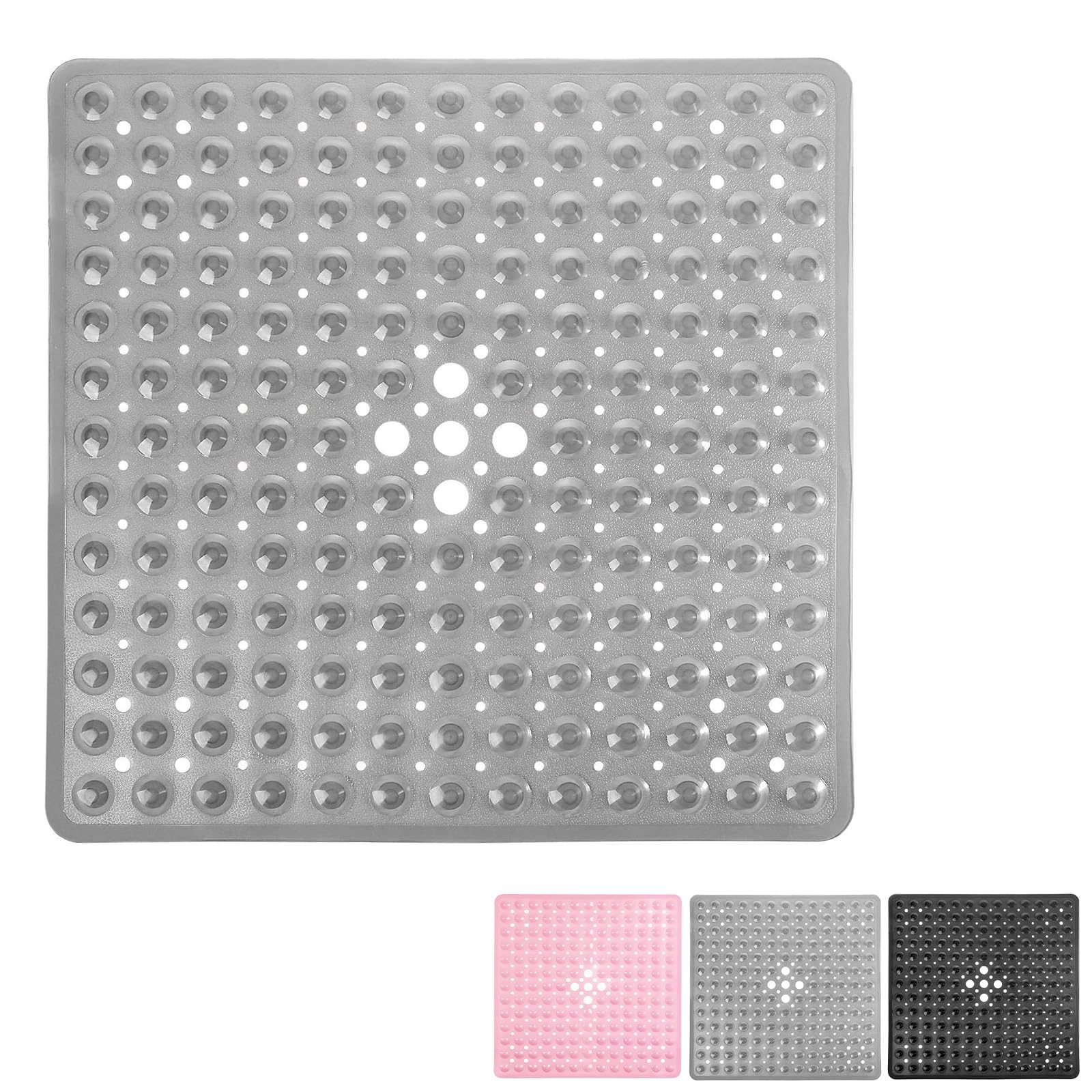 Shower Bath Mat 53x53cm,Extra Square Shower Mat Anti Mould Bath Mats Grey,Non Slip Bath Mat for Tub,Shower Mats with Suction Cups,Drain Holes,Machine Washable Bathroom Bathtub for Kids,Elderly