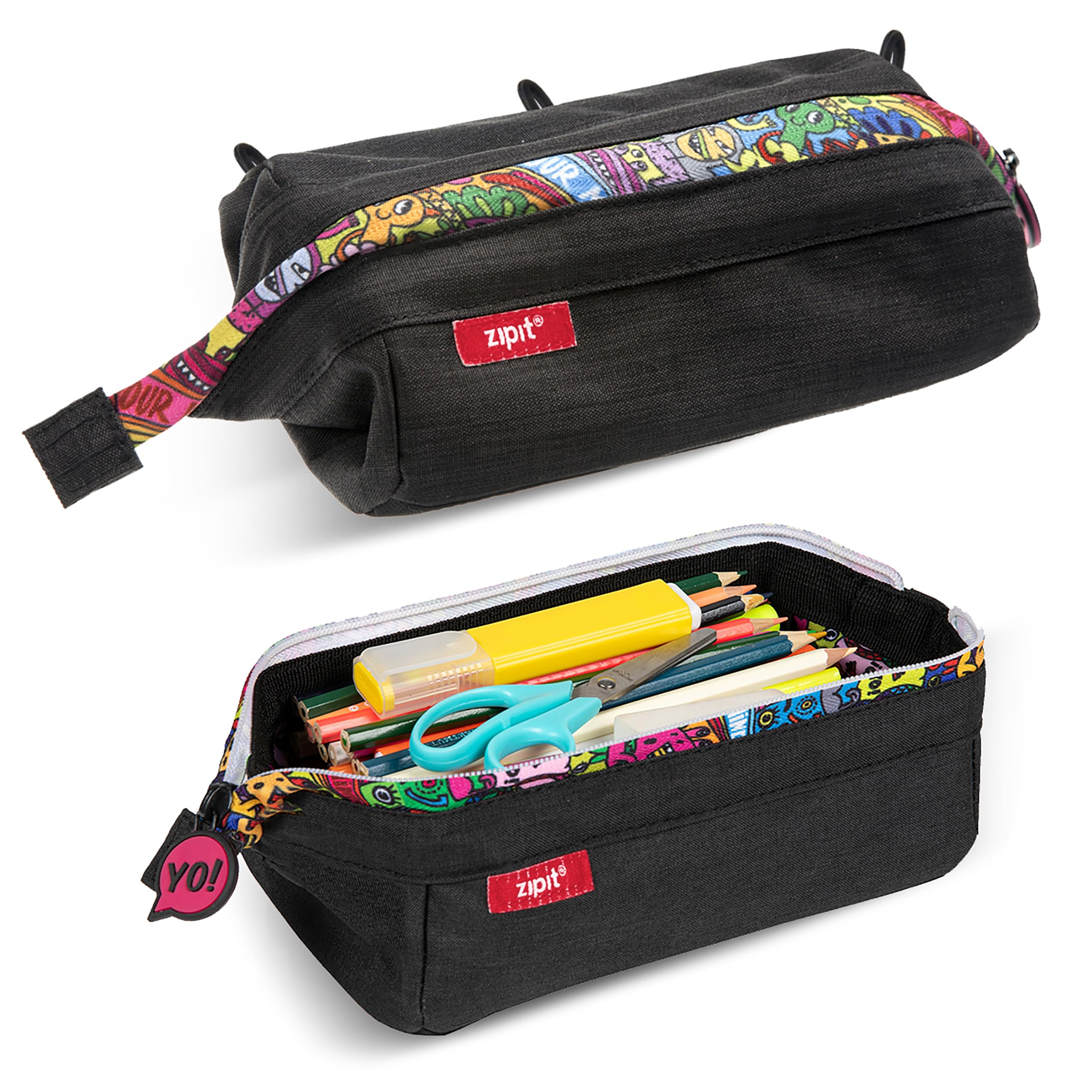 ZIPIT Lenny Pencil Case, Large Capacity Zipper Pouch for School, Stationery Bag for Teen Girls Boys and Adults, Black