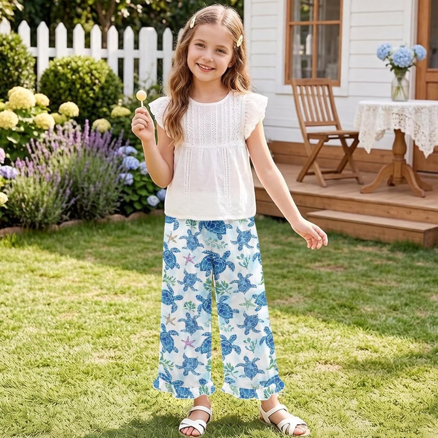 Wide Leg Pants for Girls Waist Elastic High Rise Ruffle Hem Side Pockets Relaxed Fit Gift for Daughter