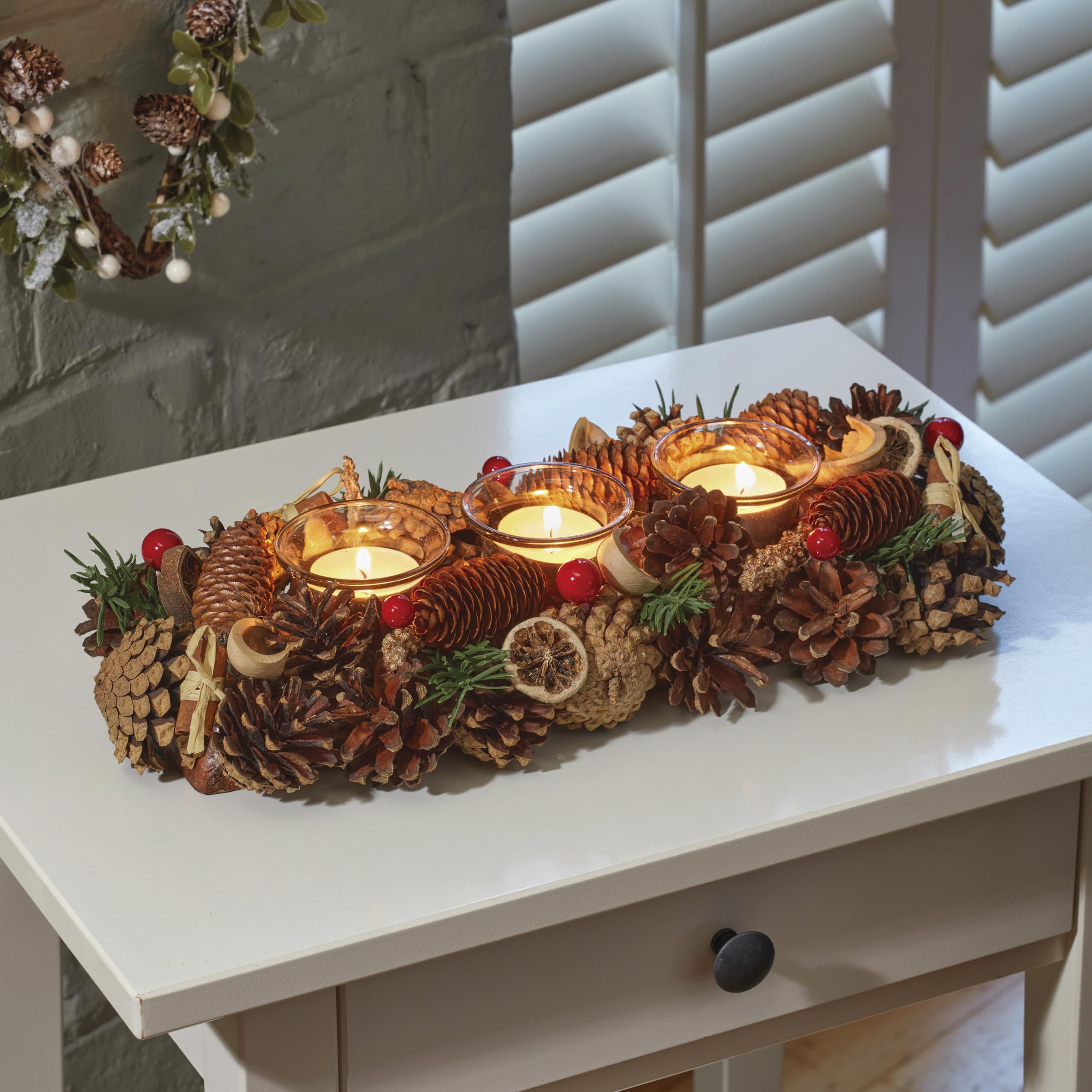 Marco Paul Interiors Orange Cinnamon Triple Candle Holder Marco Paul Pinecones Triple Glass Tea Light Holders Dried Oranges & Cinnamon - Christmas Table Decoration Tealight Holders - Votive Candles Holder Christmas Table Centrepiece For Home Decorations