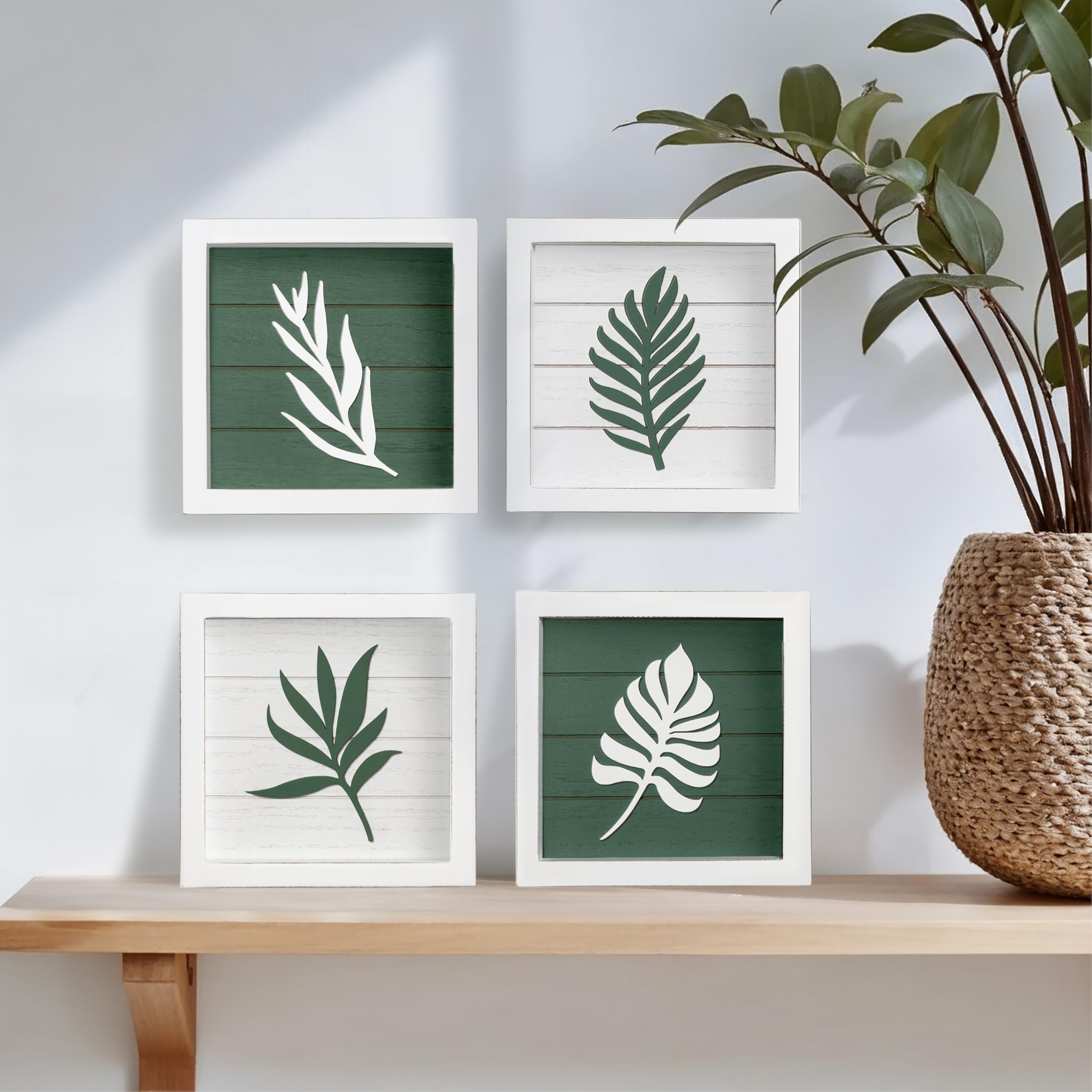 3D Green Botanical Wall Art (Framed Set of 4) Lightweight, Ready-to-Hang Leaf Decor - Wooden Minimalist Boho Wall Art for Bathroom, Bedroom, Living Room or Office - Farmhouse Plant Artwork, Gift-Boxed