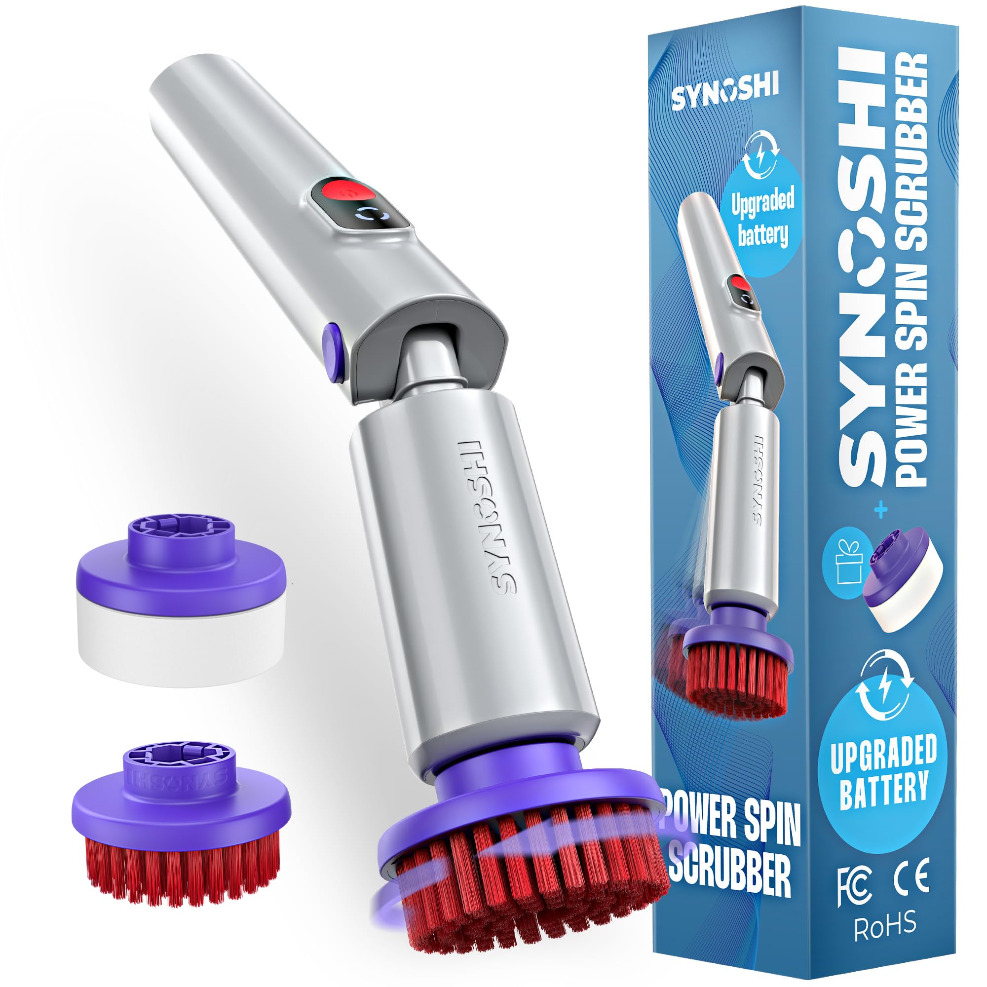 SYNOSHI PRO Electric Spin Scrubber, Cordless Cleaning Brush Bathroom Scrubber. Waterproof Shower Cleaner Brush with Adjustable Angles, 2 Speed, 180Min Work Time for Floor, Bathtub, Kitchen, Car, Tub