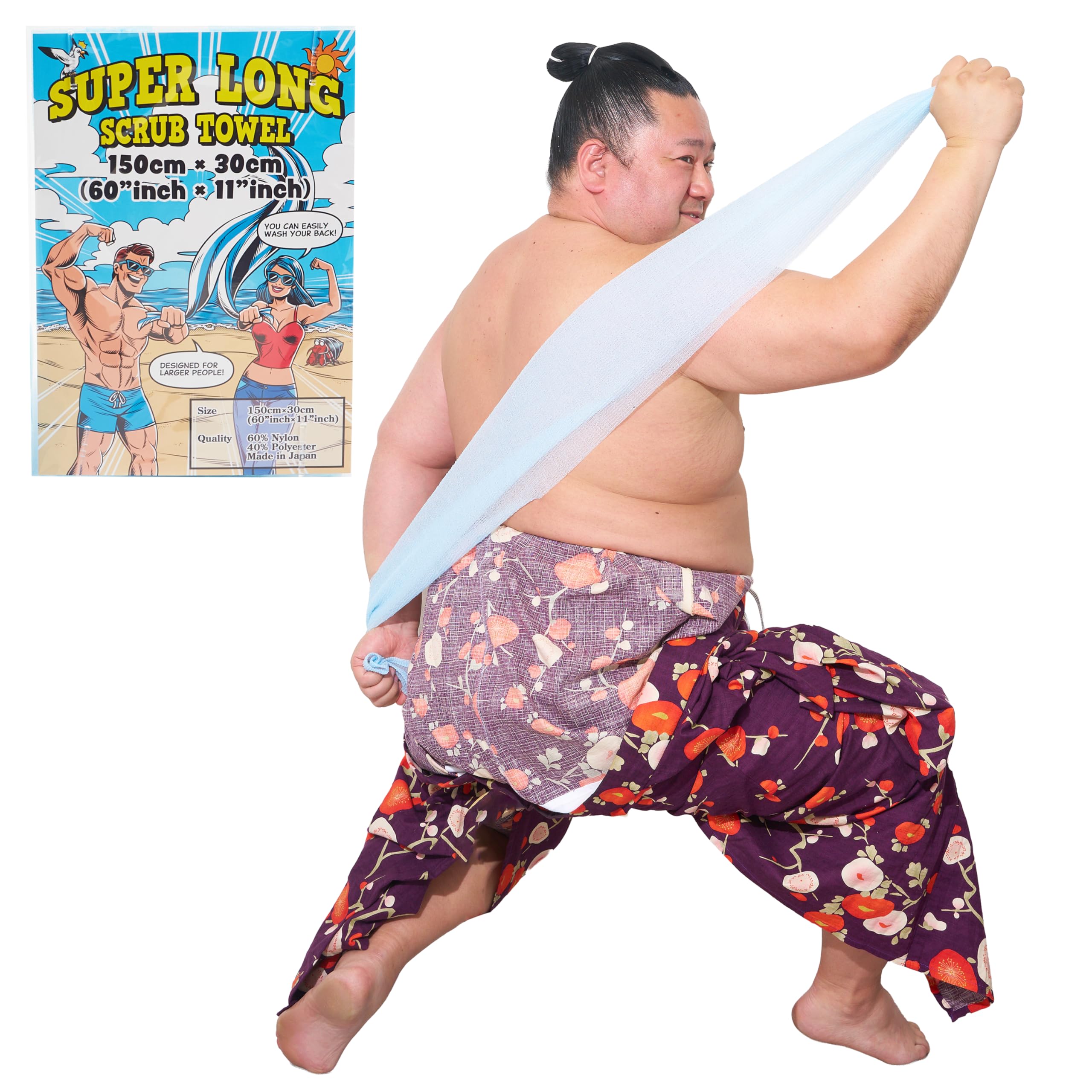 Scrub Towel for exfoliating, Super Long Size 60inch×11inch, for People with a Large Body, Nylon and Polyester Towel, Made in Japan