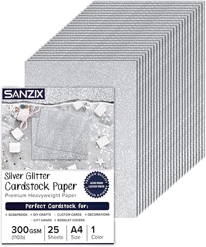25 hojas de cartulina plateada con purpurina, 110 libras, 300 GSM, cartulina pesada de papel con purpurina de 8.2 x 11.7 pulgadas para Cricut,