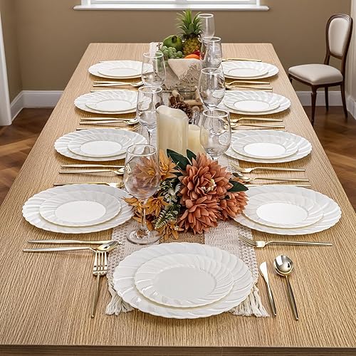 Miniatura 7 de U-QE 60 platos de plástico marfil para fiestas, platos de plástico festoneados, resistentes y elegantes, incluyen 30 platos de cena de 10.25