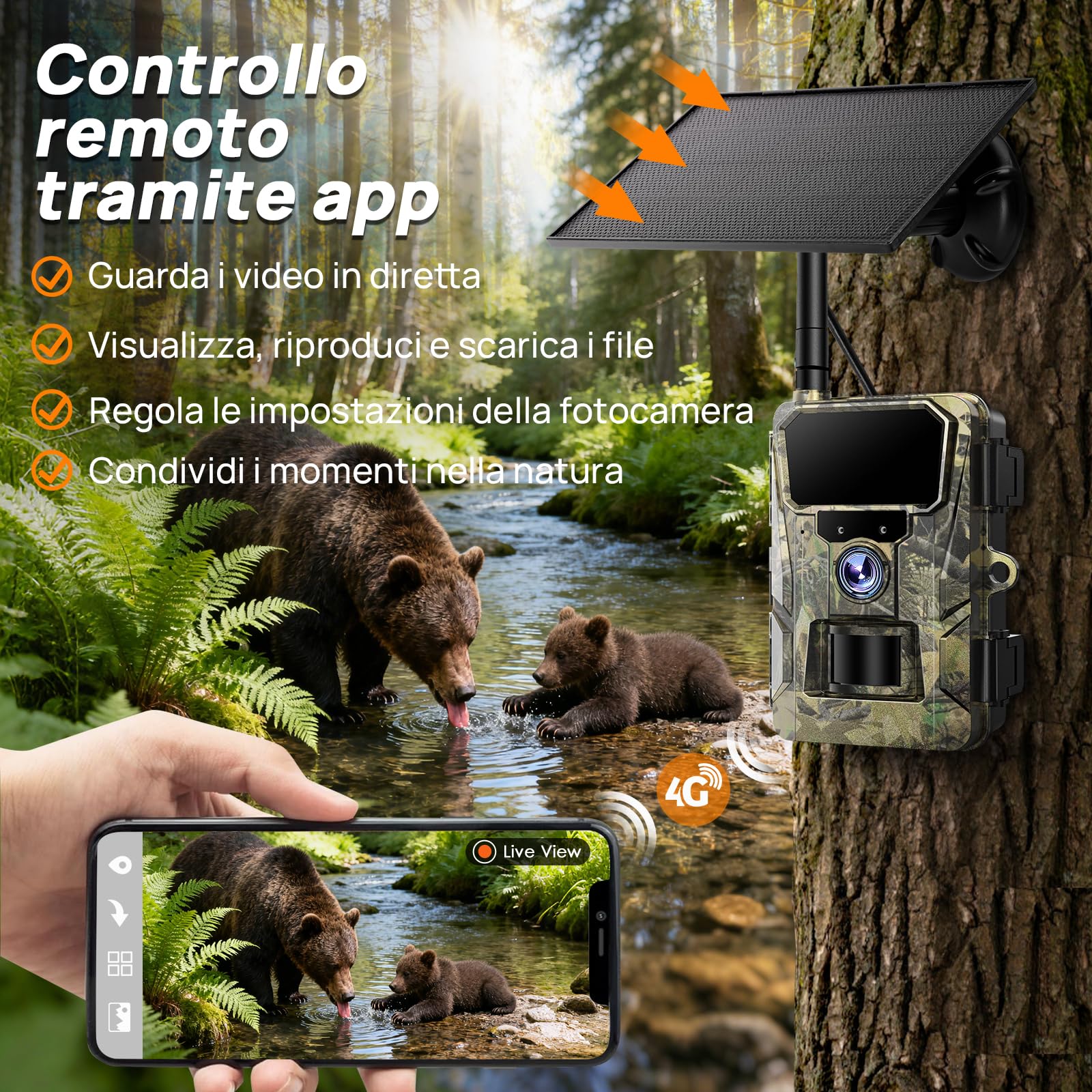 iZEEKER 2 en 1 Fototrappola Solare 4G LTE con SIM e 64GB Scheda Micro SD, HD 48MP Fotocamera Caccia Visione Notturna, Batteria 5200mAh, APP Controllo Remoto, Senza Wi-Fi, IP66 Impermeabile per Fauna