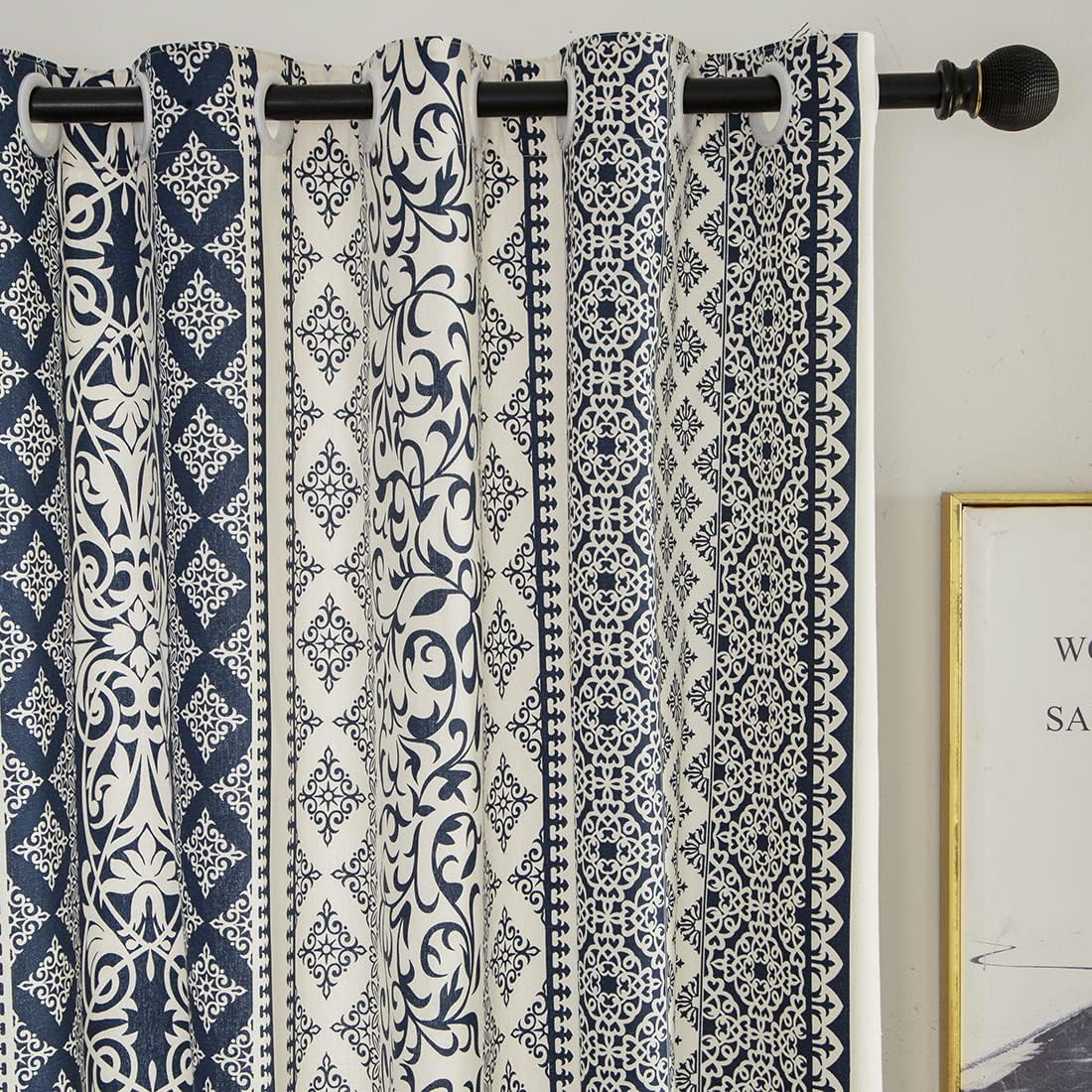 vctops Bohemian Cotton Linen Window Curtain Panel Geometric Print Farmhouse Grommet Top Room Darkening Curtain Panel for Bedroom Living Room, 1 Piece (59"x79",Blue A)