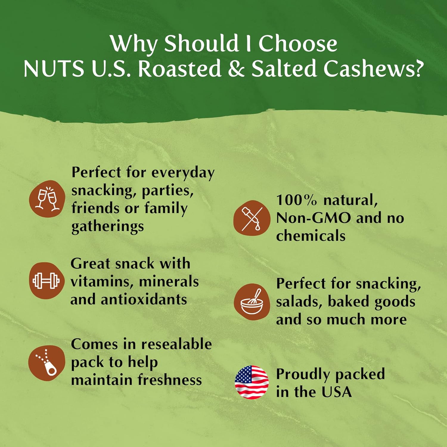 NUTS U.S. - Cashews | Roasted and Salted | No Shell | 100% Natural | Packed in a Resealable Bag!!! (2 LBS)