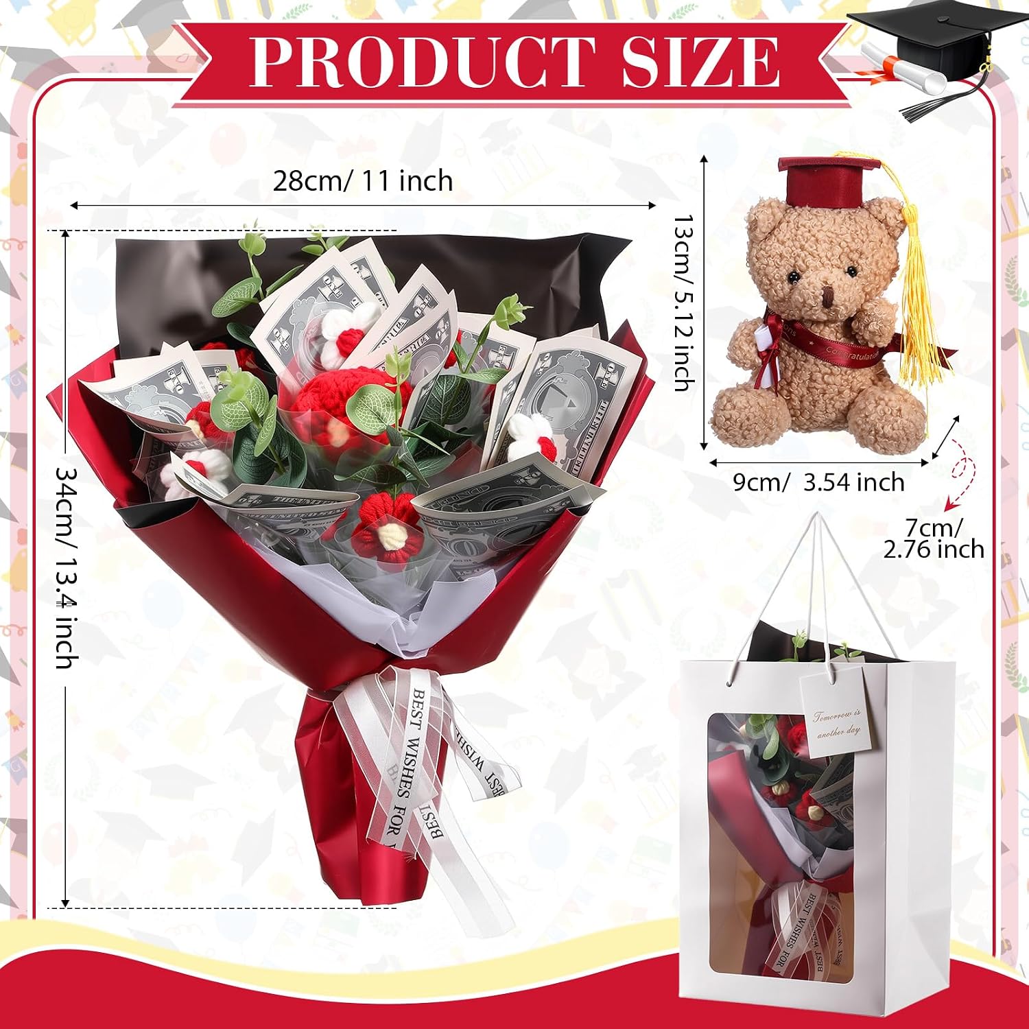 Thiccywoov 2026 Graduation Crochet Flowers Bouquet Money Bouquet Kit Graduation Bear Artificial Knitted Rose Flower Grad Gift for DIY Congratulation Graduate Gift(Red)
