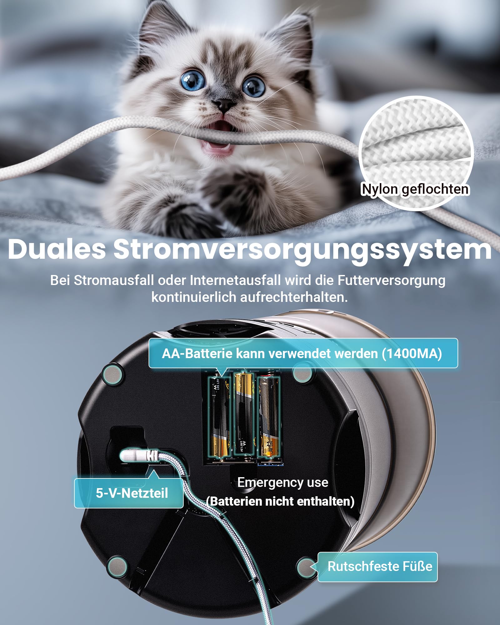 Futterautomat Katze mit APP und Timer, 6 L / 25 Tassen Katzenfutter Automat 3 Näpfe, 3 Trockenmittel Packungen, Anti-Verstopfungssystem, 2.4G WiFi, 10-S Stimmaufnahme Futterspender Katze Hund, Schwarz