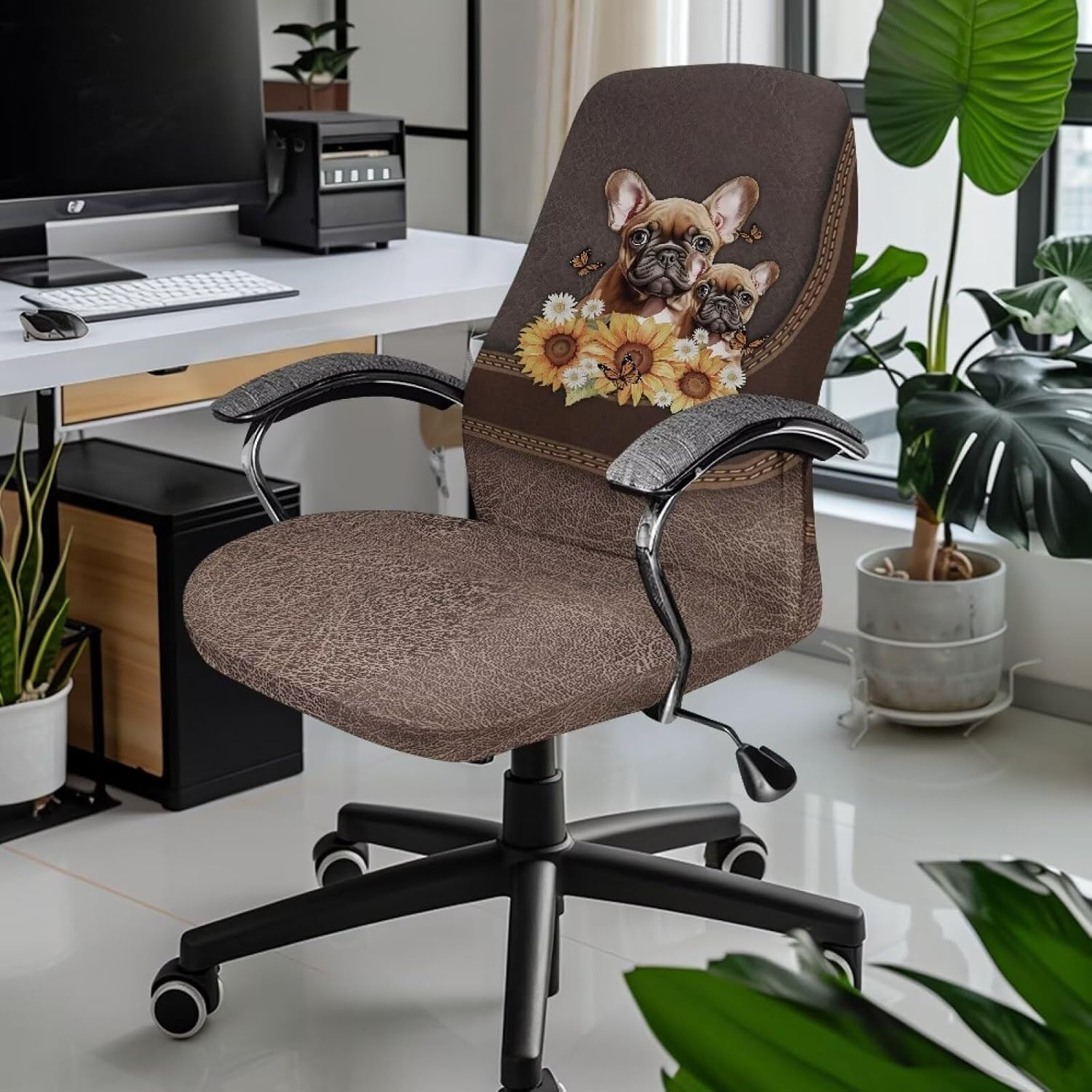 Wanyint French Bulldog Sunflower Brown Home Office Chair Cover for Armrest Chairs Universal Stretchable Rotating Boss Chair Slipcover Chair Protector Cover for Office Chair, L
