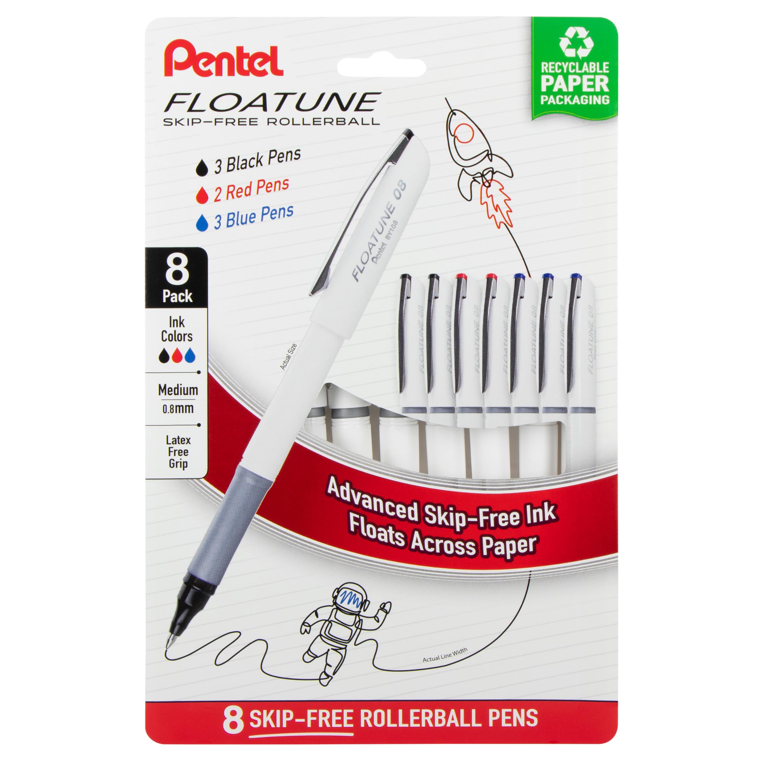 Pentel Floatune Rollerball Pen 0 8mm Medium Point Black Blue Red Ink Pack of 8 pens BY108PF8OFC