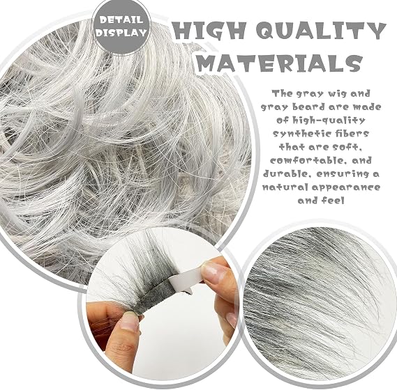 5 Pcs Old Man Costume Set, Grey Wig with Beard Glasses Hair Net for Wigs, Mens Wig Scientist Professor Grandpa Costume for Cosplay Party Halloween Carnival