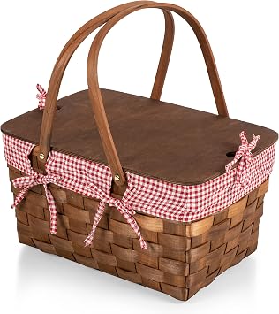 PICNIC TIME Kansas Handwoven Wood Picnic Basket, Sturdy Woven Wicker Basket with Tabletop Lid and Removable and Washable Polycotton Vintage-Style Liner, Red & White Gingham Pattern
