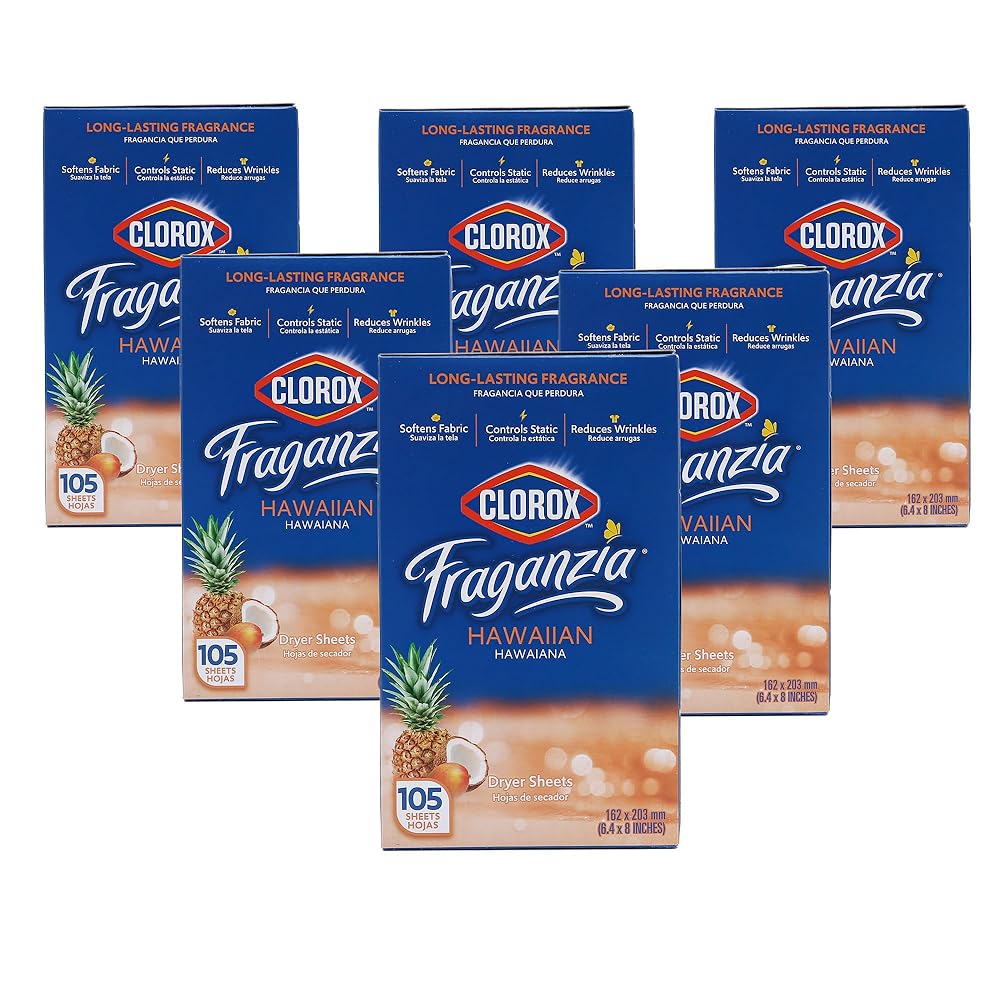 Clorox Fraganzia Fabric Softener Dryer Sheets, Hawaiian Scent - Wrinkle Reducing Scented Softening Laundry Dryer Sheets for Great Smelling Clothes, 105 Count - 6 Pack