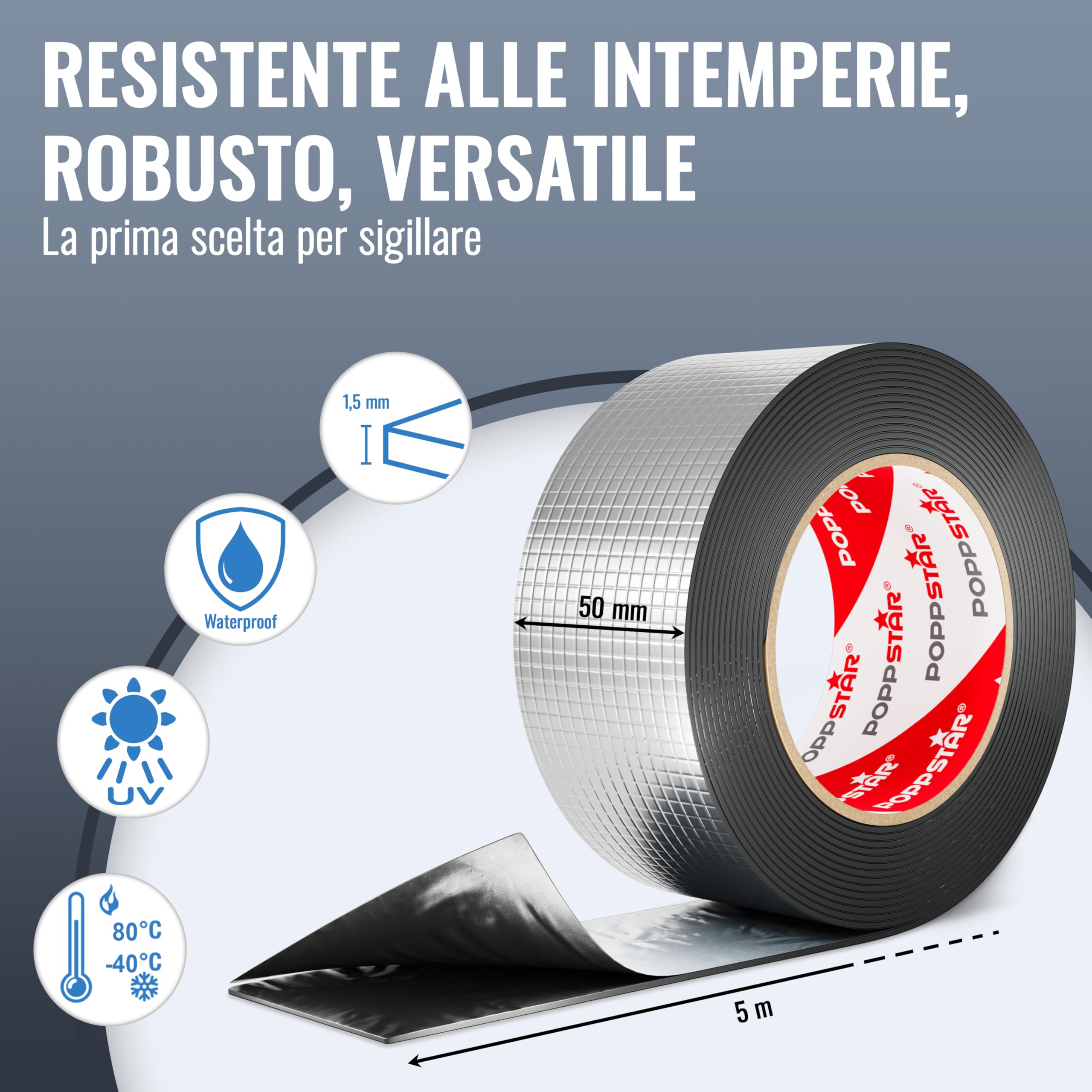 POPPSTAR Nastro alluminio adesivo per riparazione (5 m x 50 mm x 1,5 mm) Nastro butilico con pellicola di alluminio impermeabile