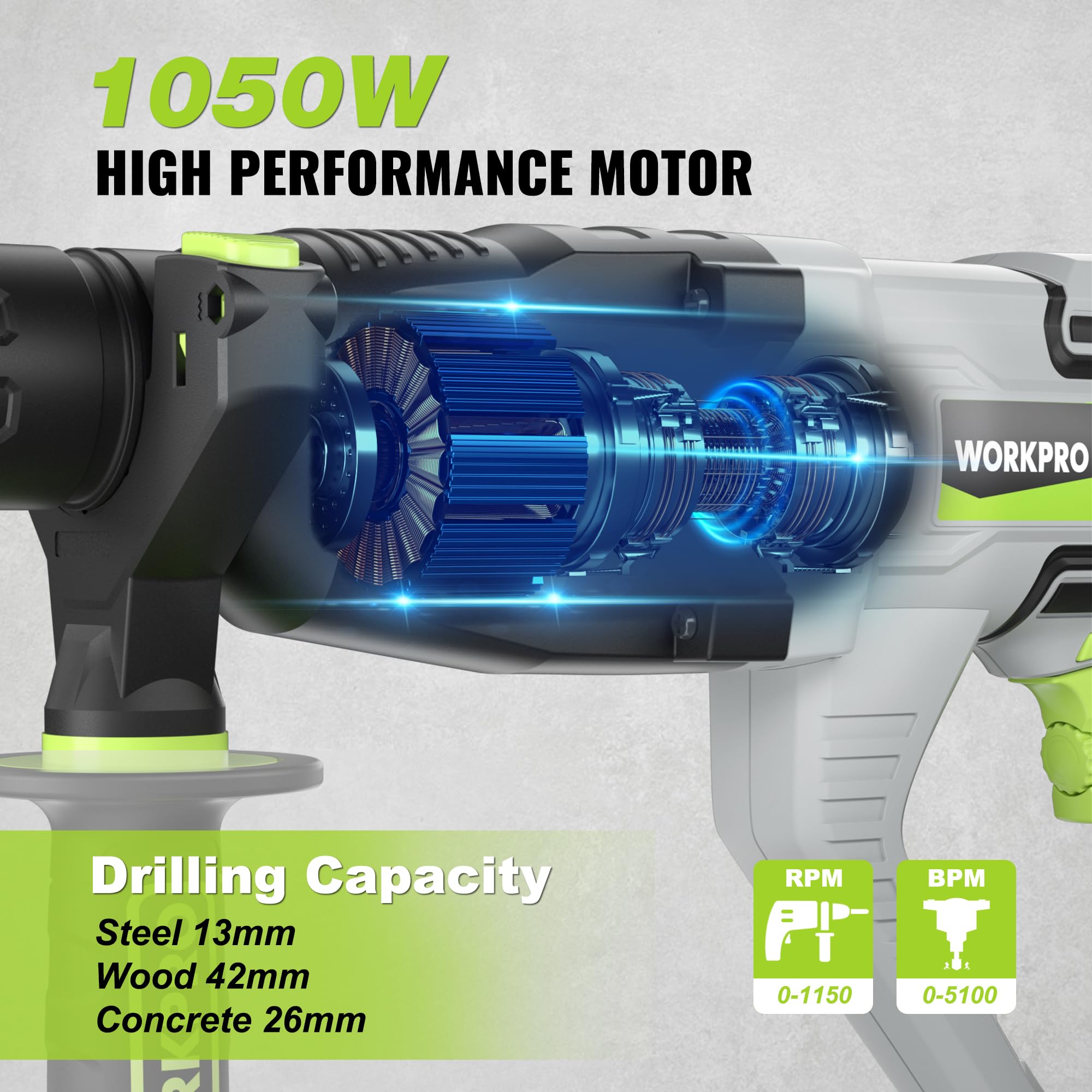 WORKPRO Martillo Perforador 1050W SDS Plus, Taladro Percutor Eléctrico con 4 Funciones, Velocidad Variable y Mango Giratorio 360°, Incluye Brocas para Hormigón, Madera y Metal
