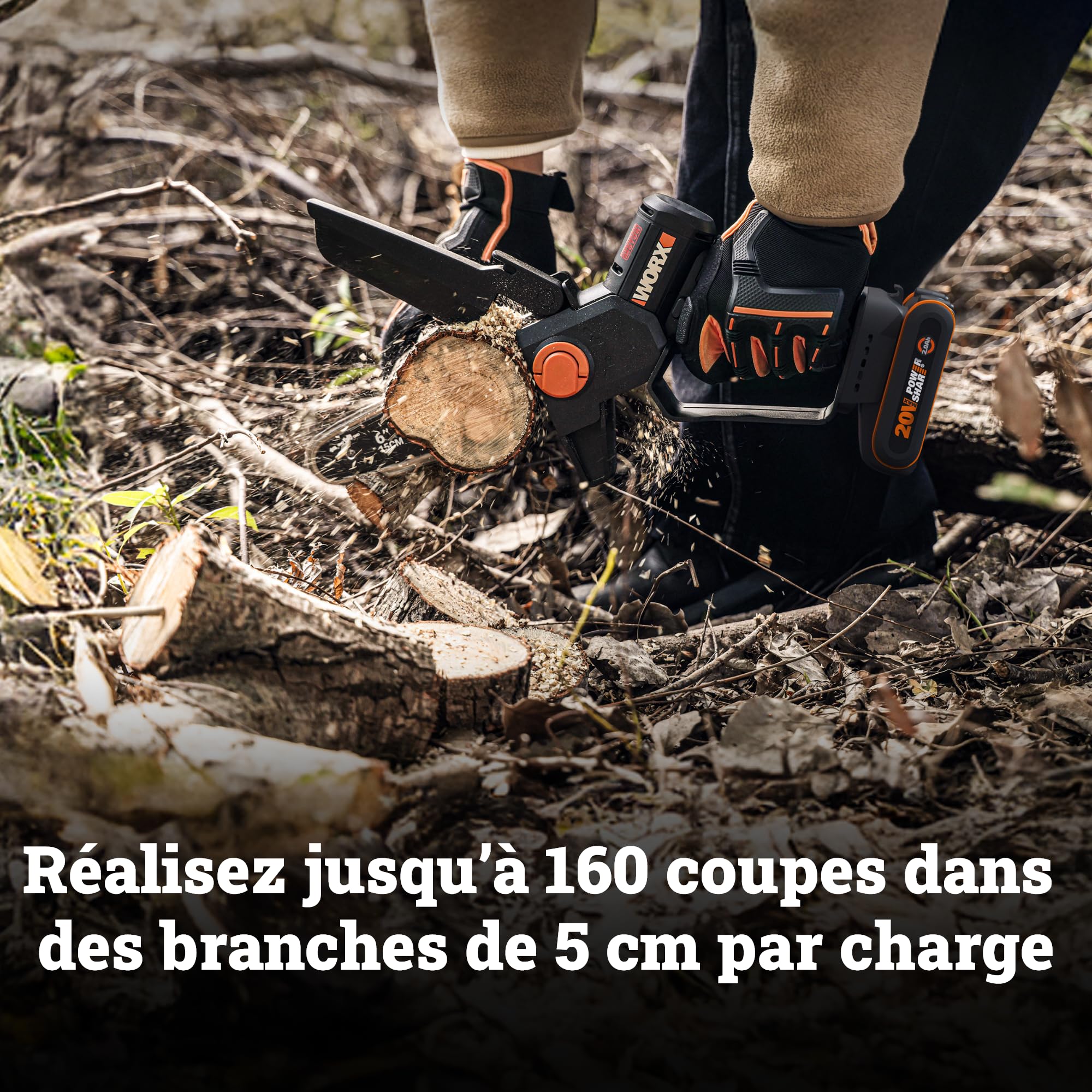 WORX Élagueuse Mini Tronçonneuse sans fil 20V WG327E.9, guide de 15 cm, moteur brushless, lubrification et tension automatique, compacte et ergonomique, livrée sans batterie ni chargeur